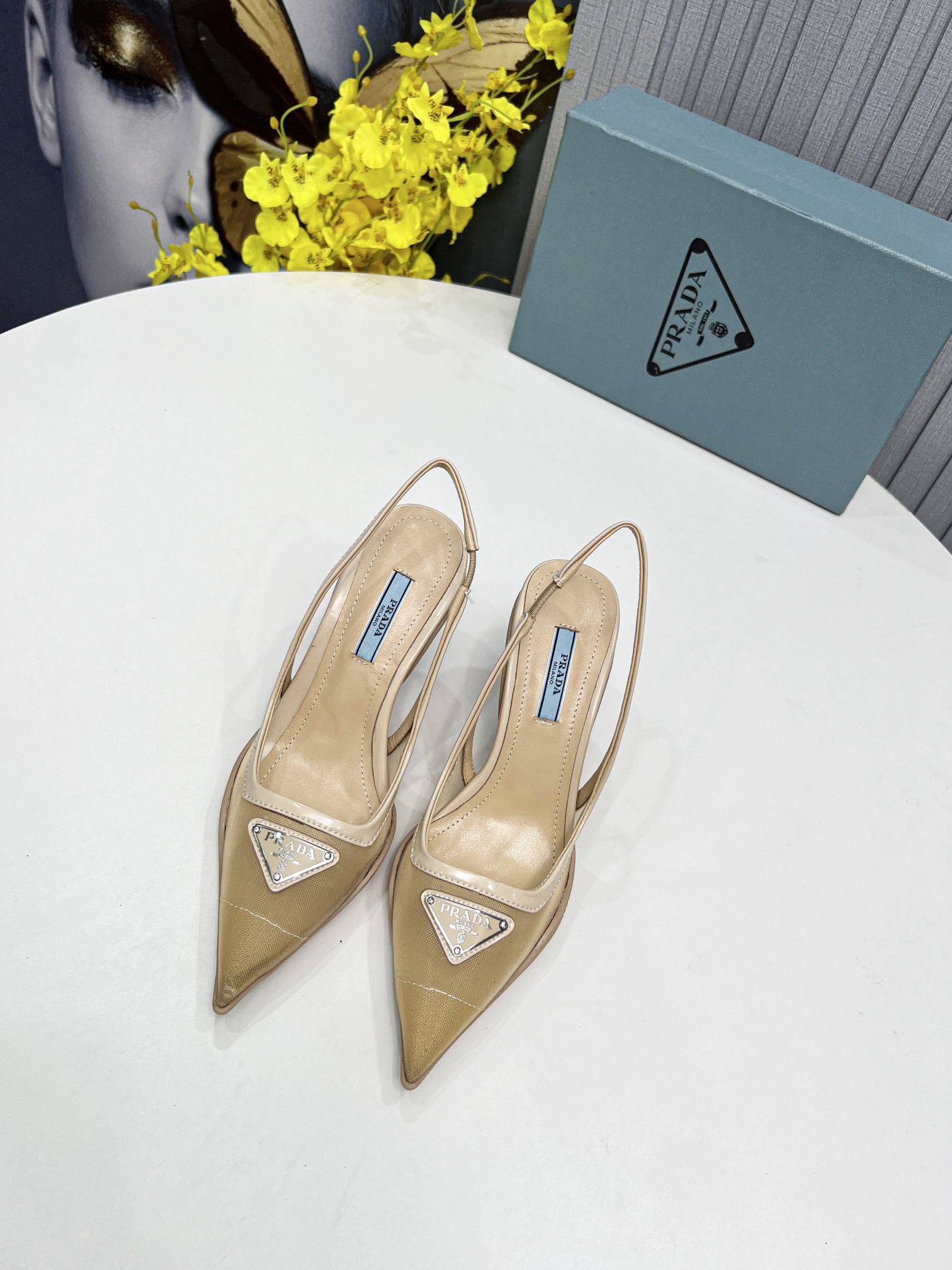 Prada Mesh Fabric Slingback Pumps Beige For Women Prada 1I828M_099_F0F24_F_045 - Soul Replicas