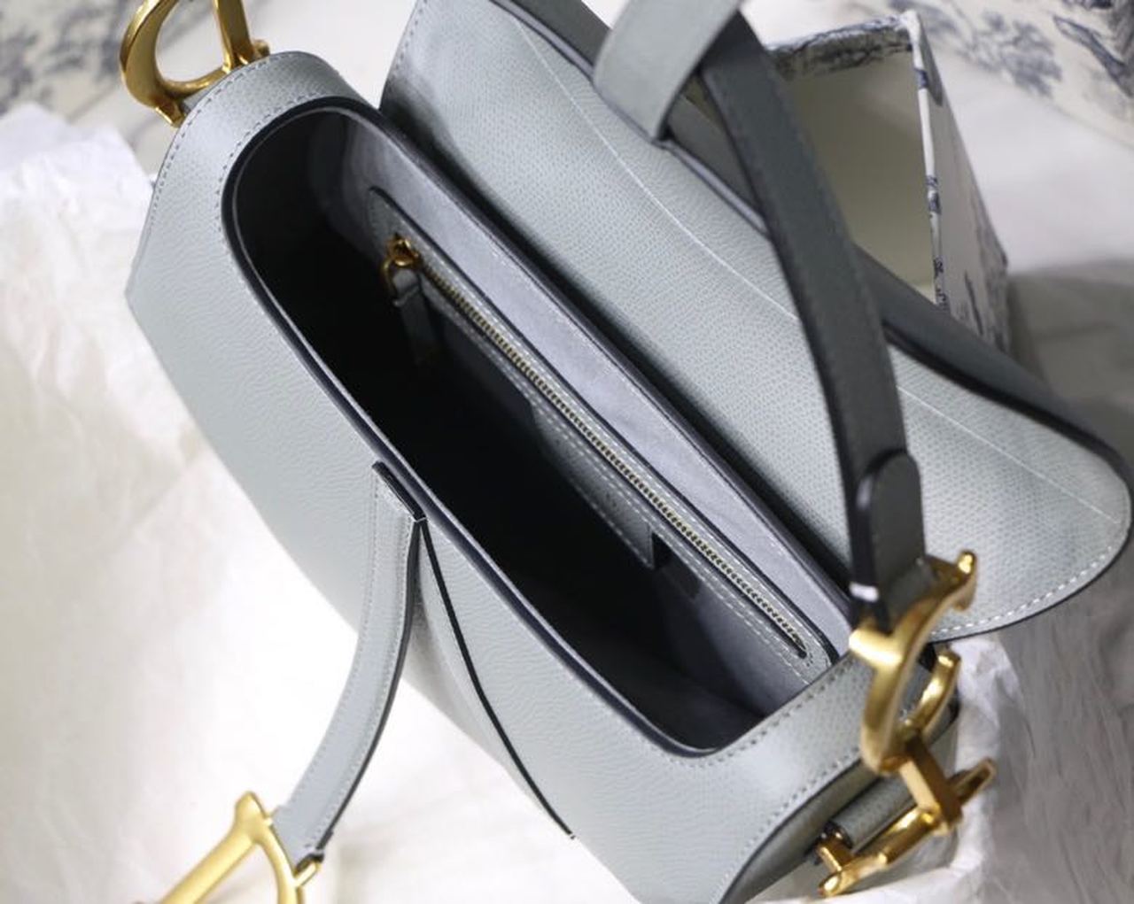 Christian Dior Saddle Bag Light Blue Grained Gold Toned Hardware For Women 25cm/10in CD - Soul Replicas