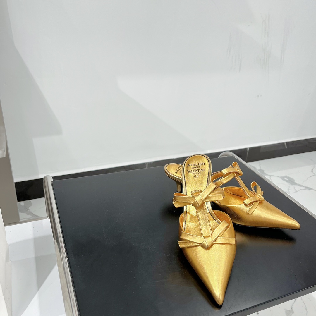 Valentino Garavani Ribbon Strap Stiletto Mule Slipper Gold For Women T024HL146 - Soul Replicas