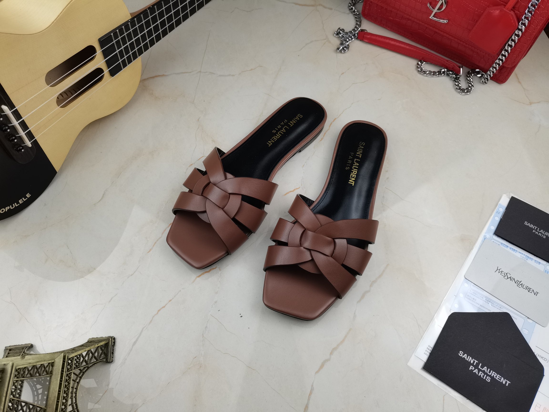 Yves Saint Laurent Women's Tribute Flat Mules Brown For Women YSL - Soul Replicas