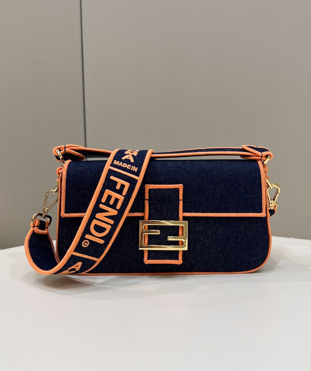 Fendi Baguette Blue Denim Orange Border Bag For Woman 26cm/10in - Soul Replicas