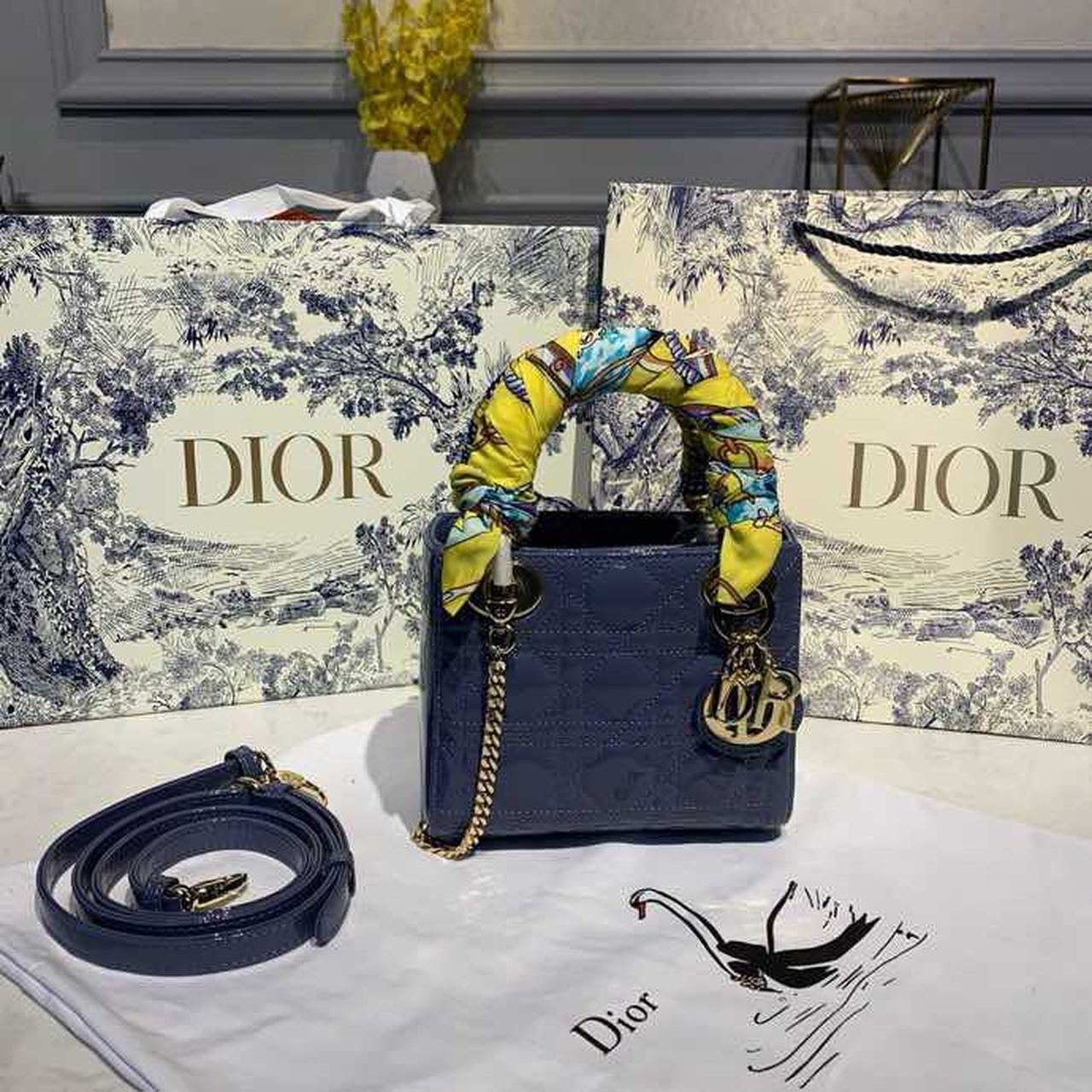 Christian Dior Mini Lady Dior Bag with Chain Silver Hardware Spring/Summer Collection. Deep Blue. For Women Women's Handbags. 18cm CD - Soul Replicas