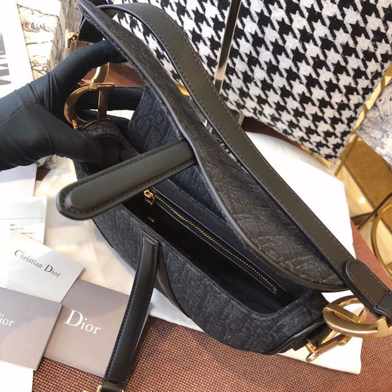 Christian Dior Saddle Bag Black Oblique Embroidered Canvas Gold Toned Hardware For Women 25cm/10in CD - Soul Replicas