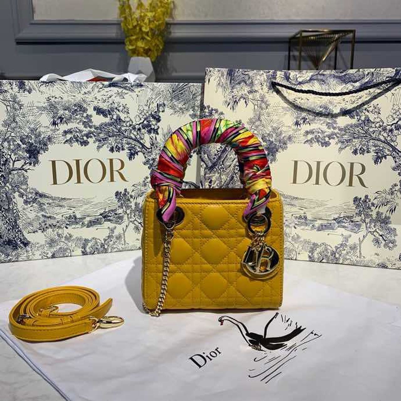 Christian Dior Mini Lady Dior Bag with Chain Silver Hardware Spring/Summer Collection. Yellow. For Women Women's Handbags. 18cm CD - Soul Replicas