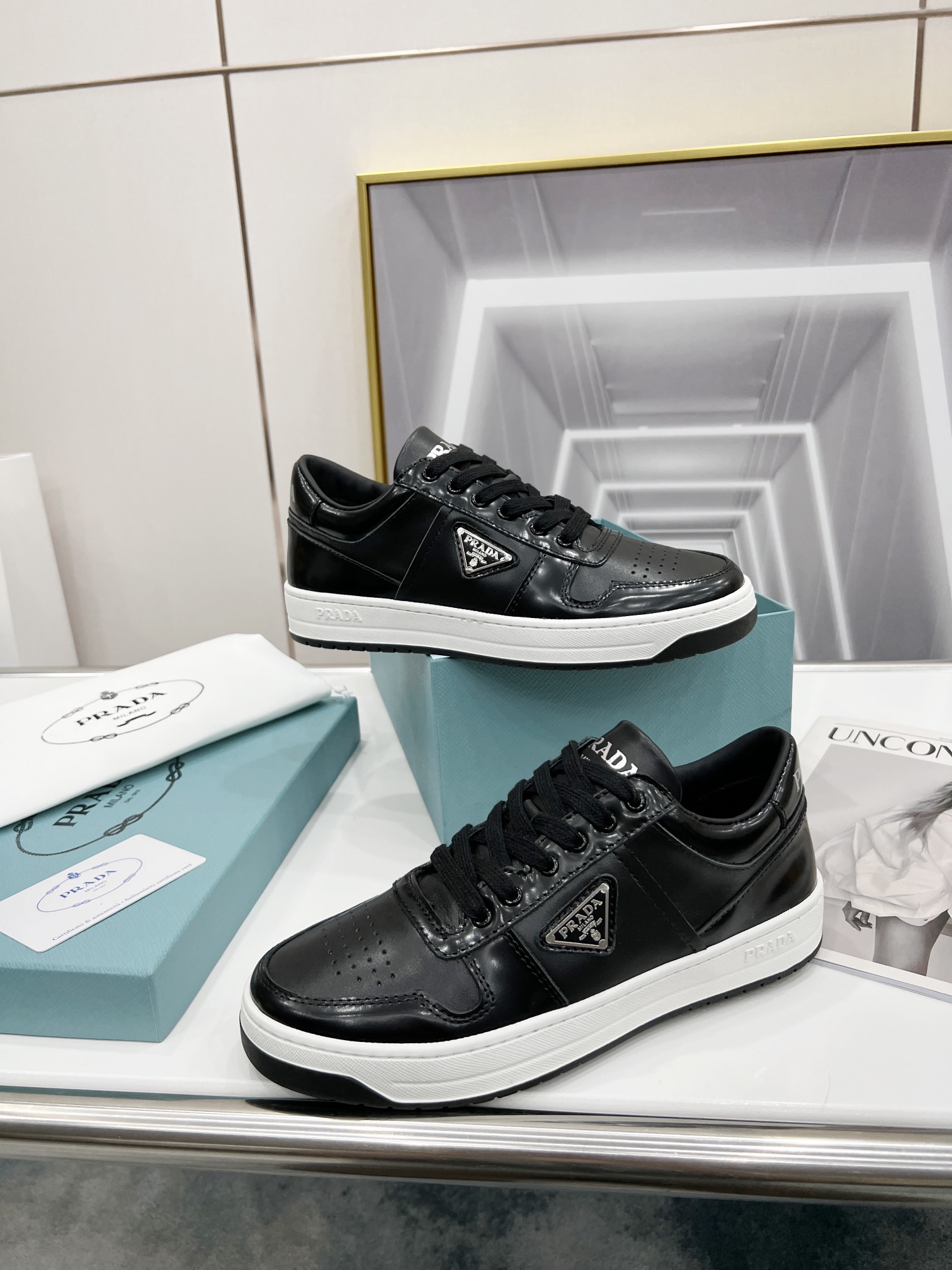 Prada Downtown Perforated Sneakers Black For Women 1.2in/30mm Prada  - Soul Replicas