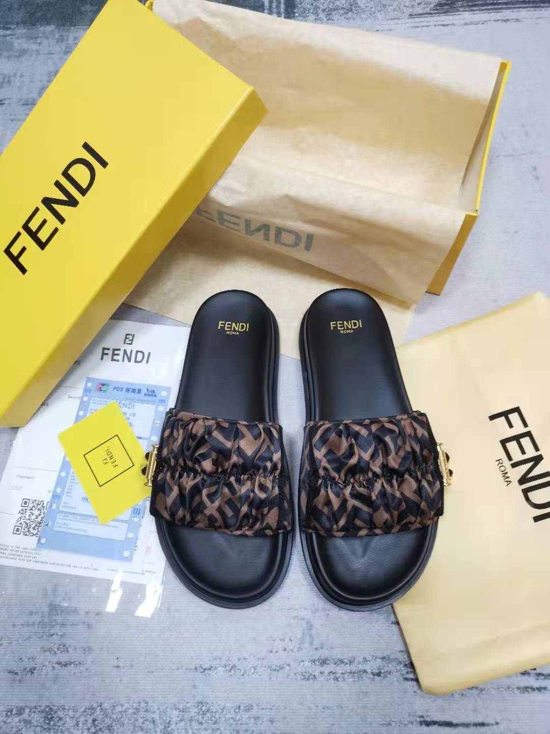 Fendi Feel Brown Satin Slides For Women 8X8142AE7SF0R7V - Soul Replicas