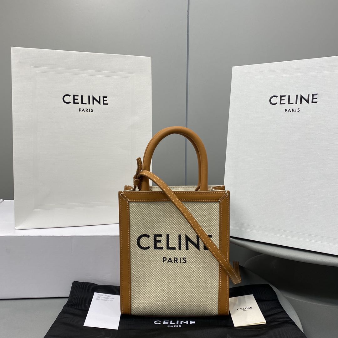 Celine Mini Vertical Cabas Celine In Textile With Celine Print White/Brown For Women 8in/20cm 193302BNZ.02NT - Soul Replicas