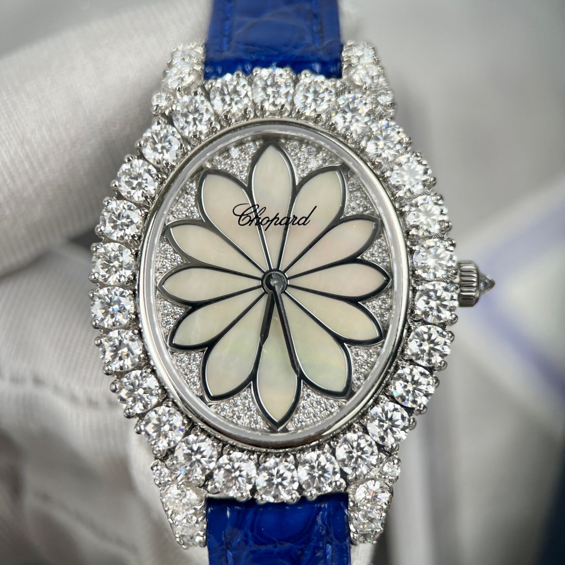 Chopard Women-s Replica Watch Full Diamond Moissanite Blue 34mm - Soul Replicas