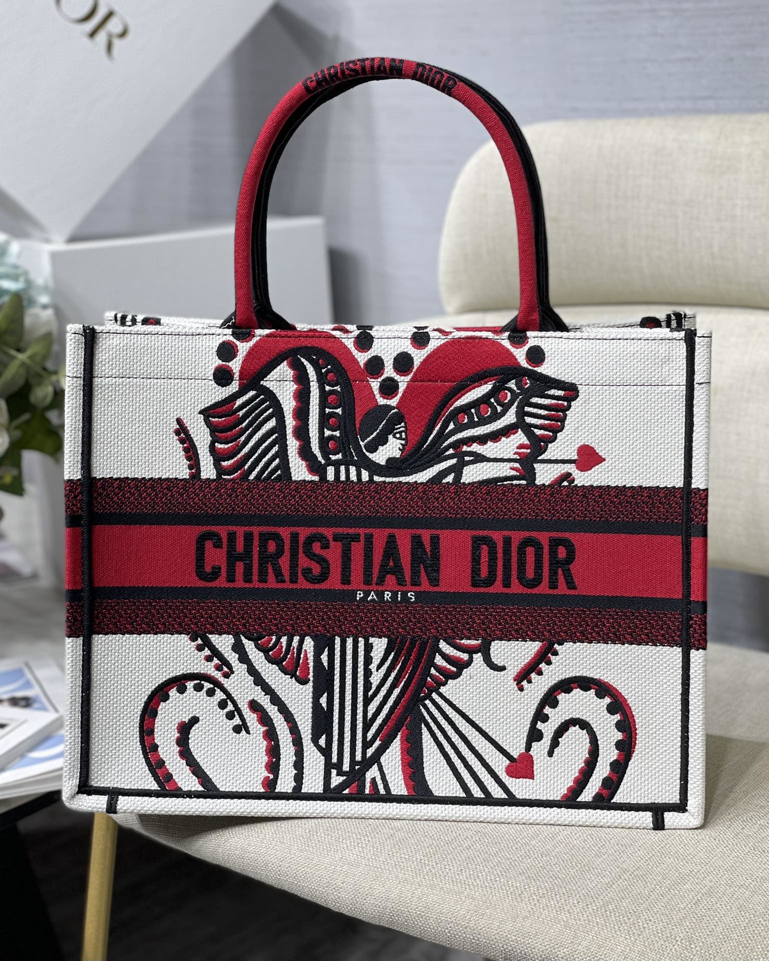 Christian Dior Medium Dior Book Tote Latte Multicolor Cupidon Embroidery. Red/White. For Women Women's Handbags. 41cm CD M1296ZTQG_M941 - Soul Replicas