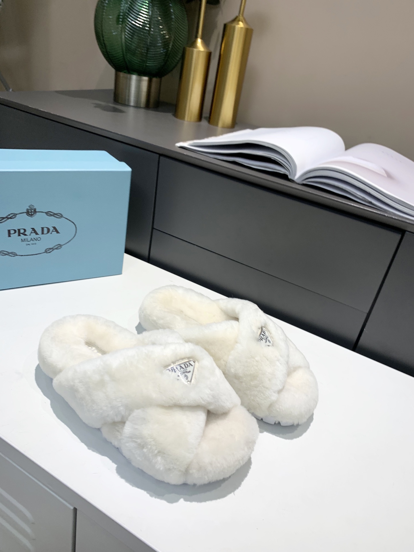 Prada Shearling Sandals White For Women 0.8in/20mm Prada  - Soul Replicas