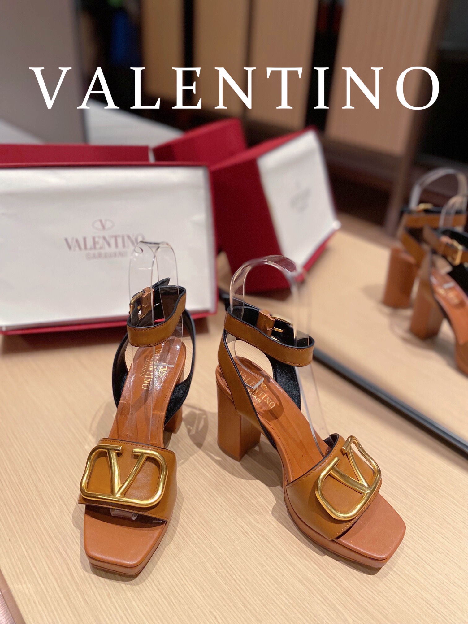 Valentino Garavani Strap Heeled Sandals With V Logo Signature Embellishment Orange For Women - Soul Replicas