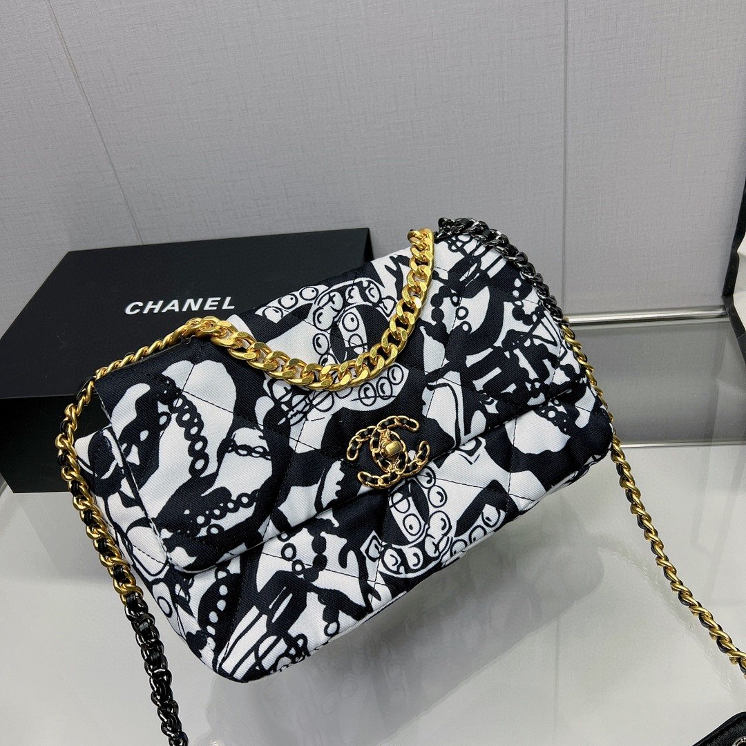 Chanel 19 HandBag Printed Canvas Black And White For Women 11.8in/30cm - Soul Replicas