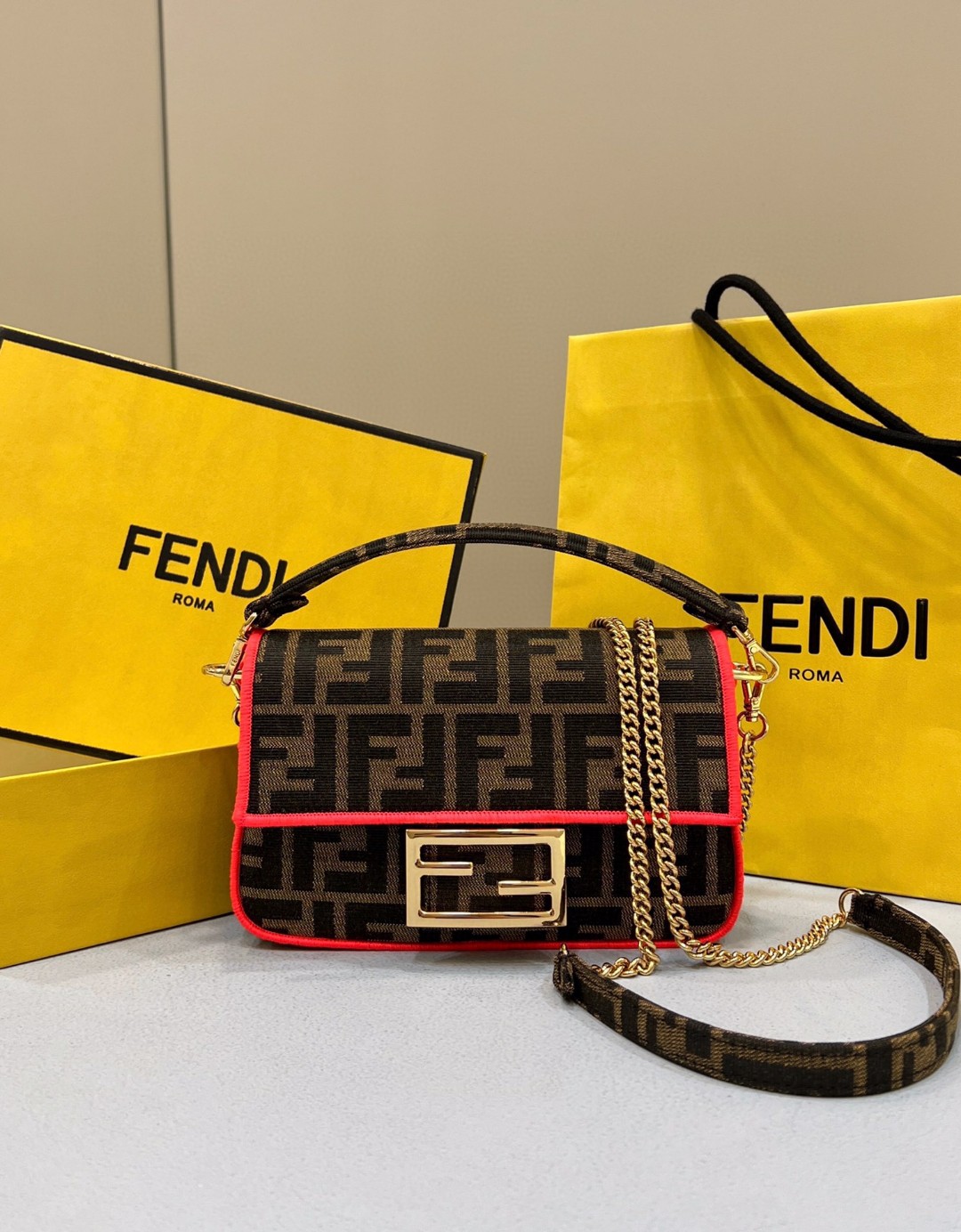 Fendi Baguette Small Brown Fabric Orange Border Bag For Woman 18cm/7in - Soul Replicas