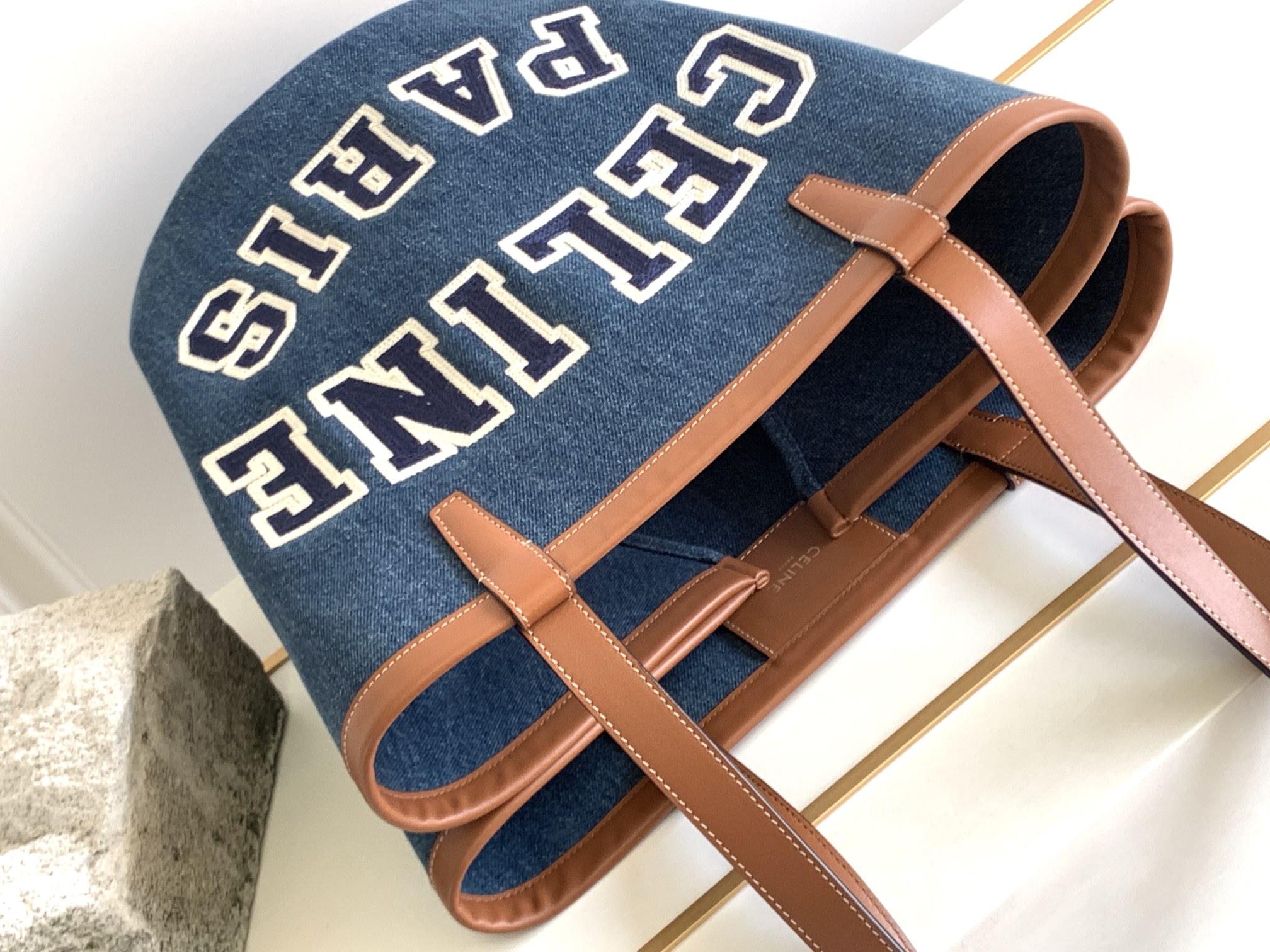 Celine Large Couffin In Denim With Celine Paris Navy / Tan For Women 26in/67cm 196262EF6.07AT - Soul Replicas