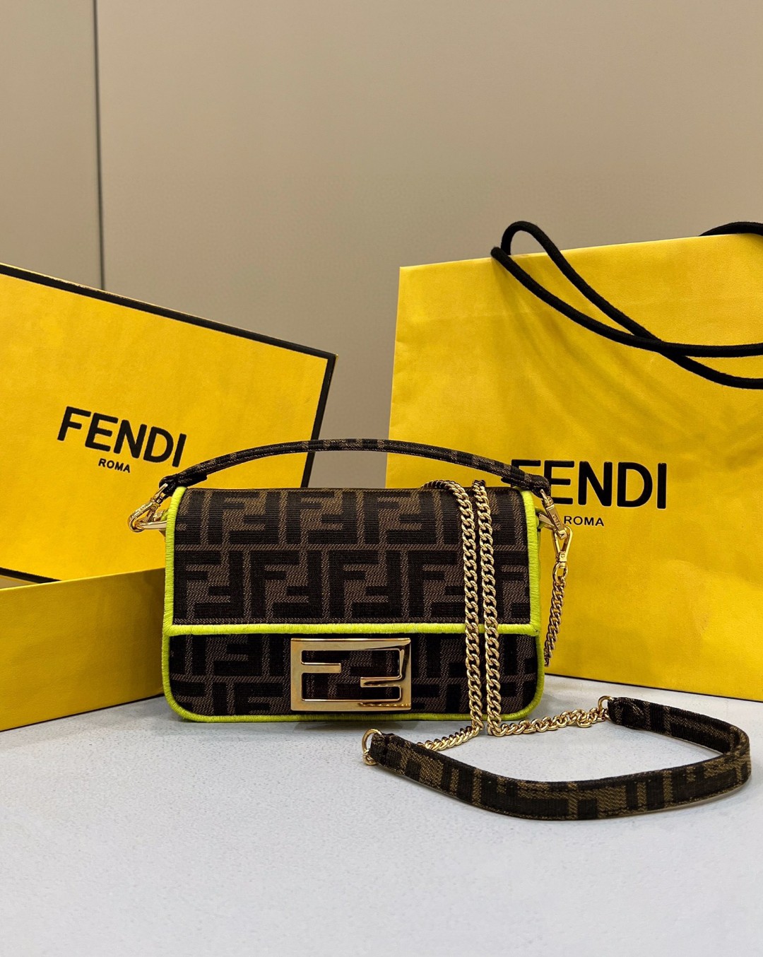 Fendi Baguette Small Brown Fabric Yellow Border Bag For Woman 18cm/7in - Soul Replicas