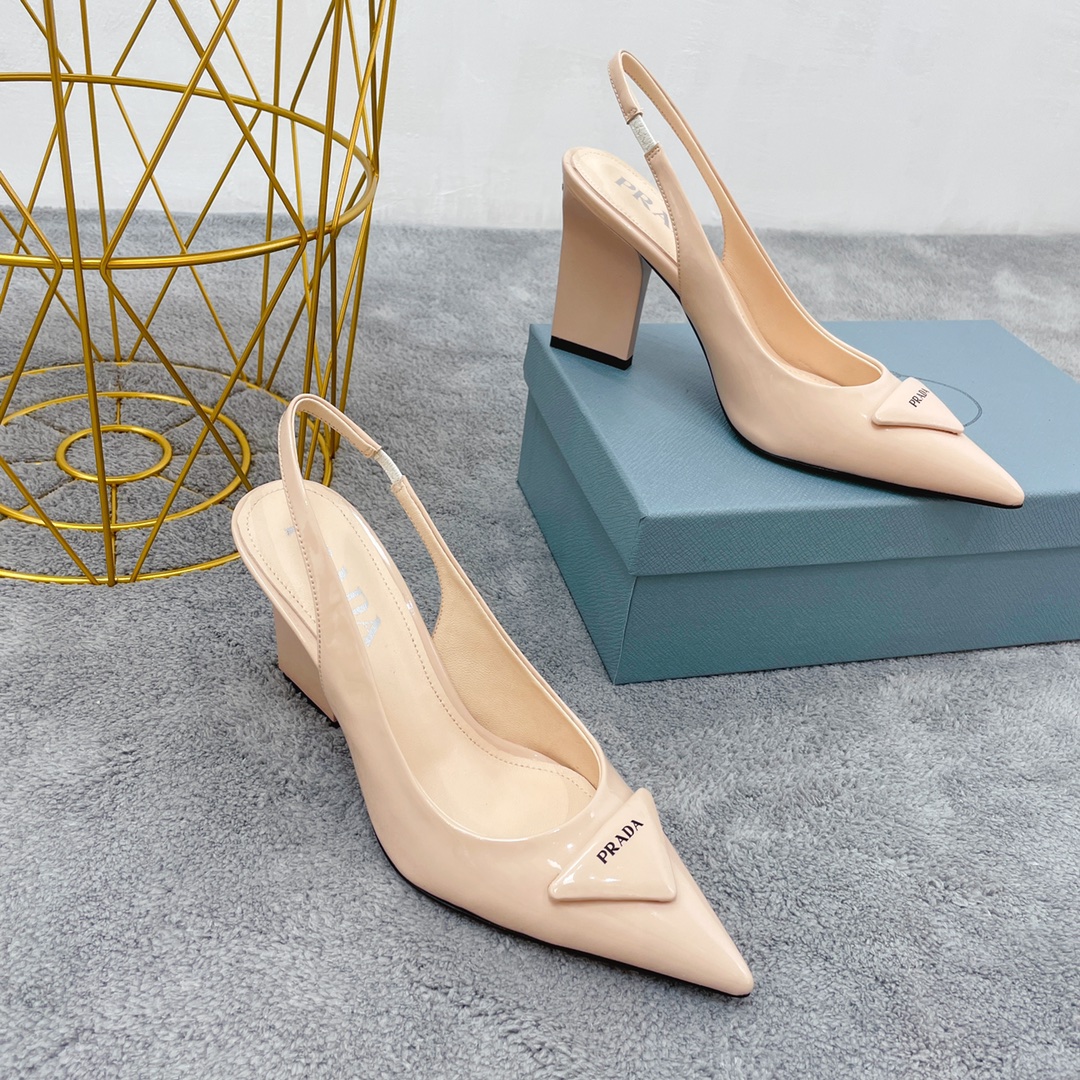 Prada Patent Sling-Back Pumps Beige For Women 3.5in/90mm Prada - Soul Replicas