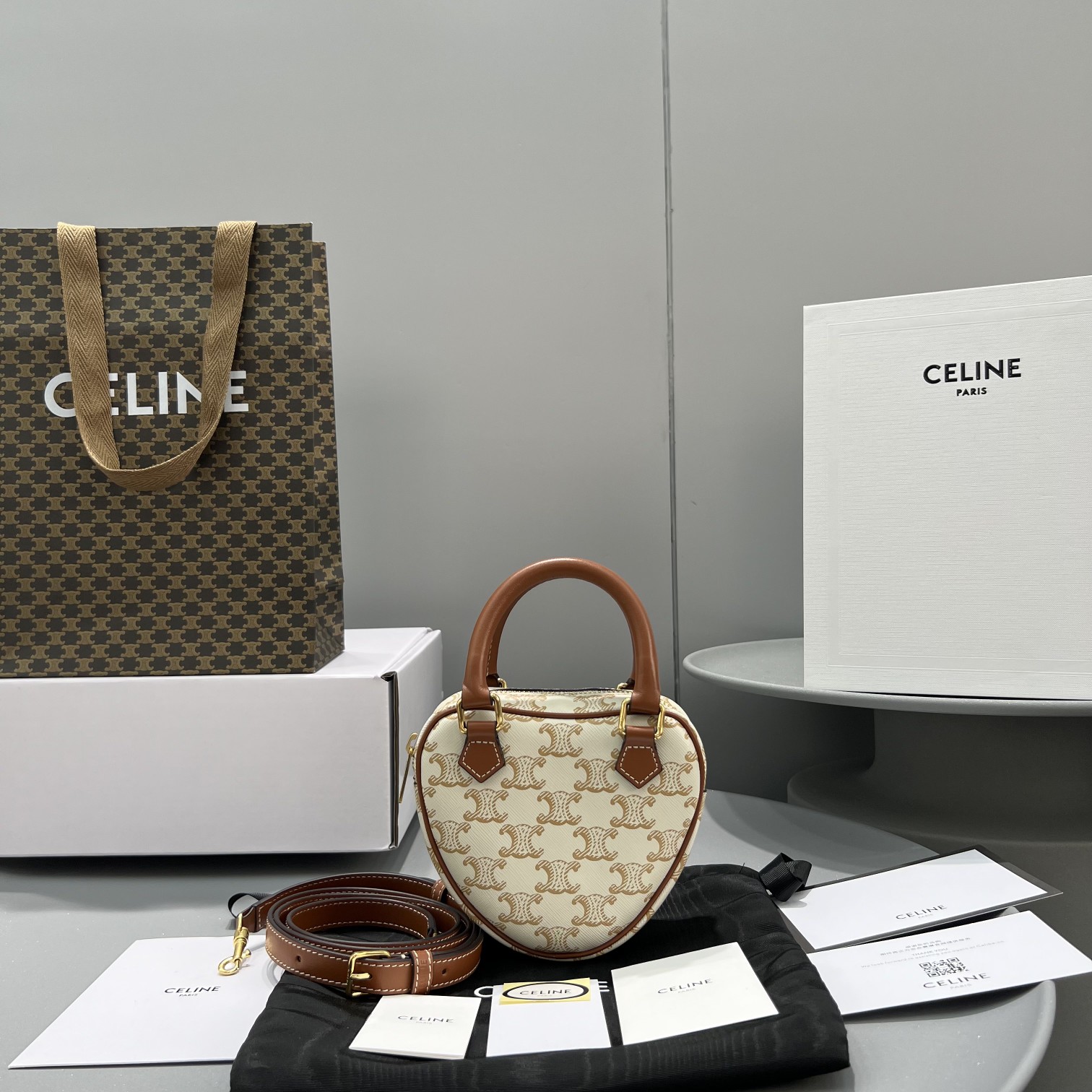 Celine Medium Celine Heart In Triomphe Canvas White For Women 6in/14.5cm 198222BZJ.01BC - Soul Replicas