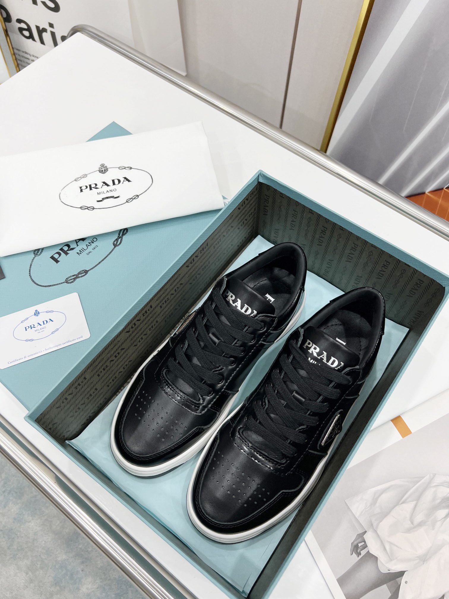 Prada Downtown Perforated Sneakers Black For Women 1.2in/30mm Prada  - Soul Replicas