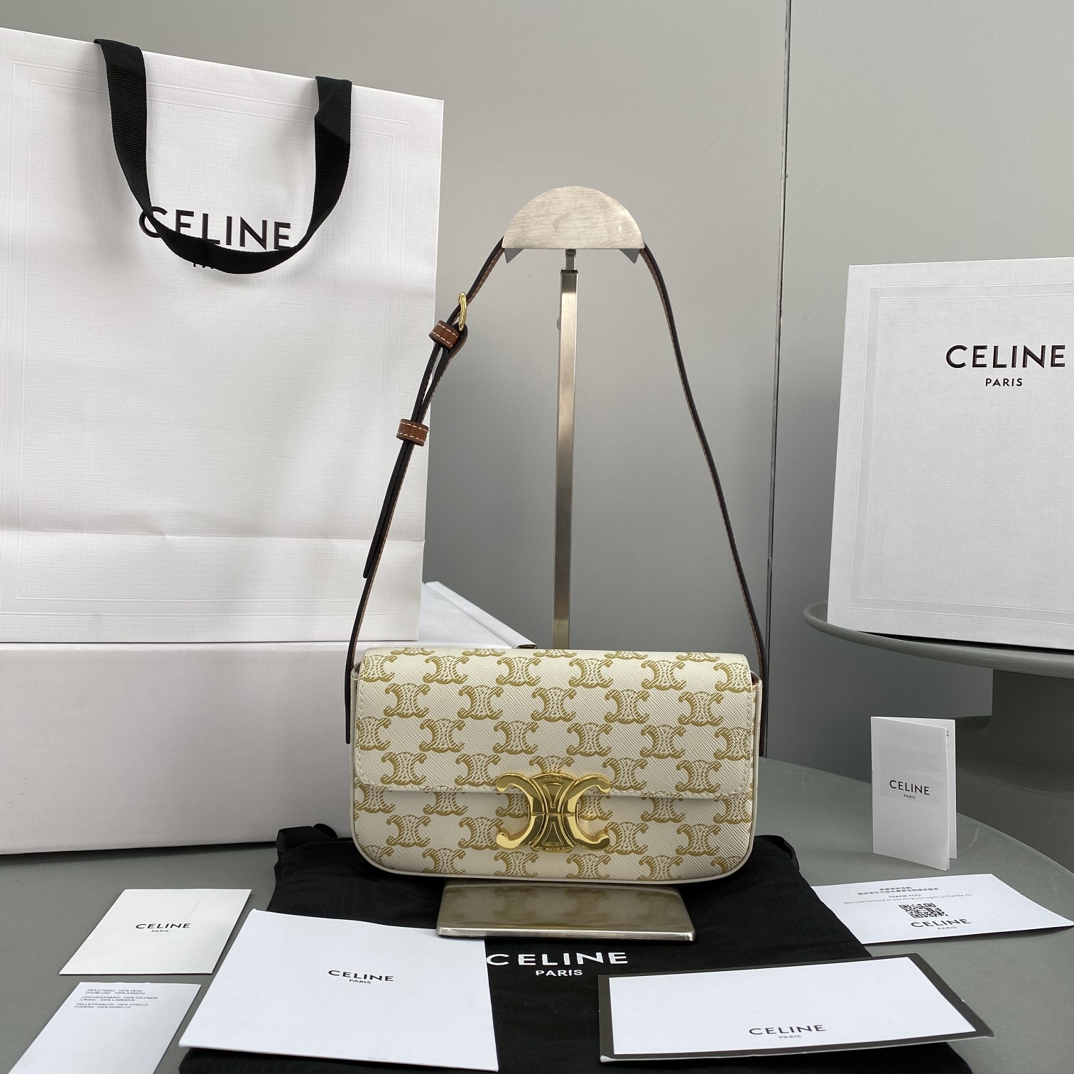 Celine Triomphe Shoulder Bag In Triomphe Canvas White For Women 8in/20cm 194142CUZ.01BC - Soul Replicas