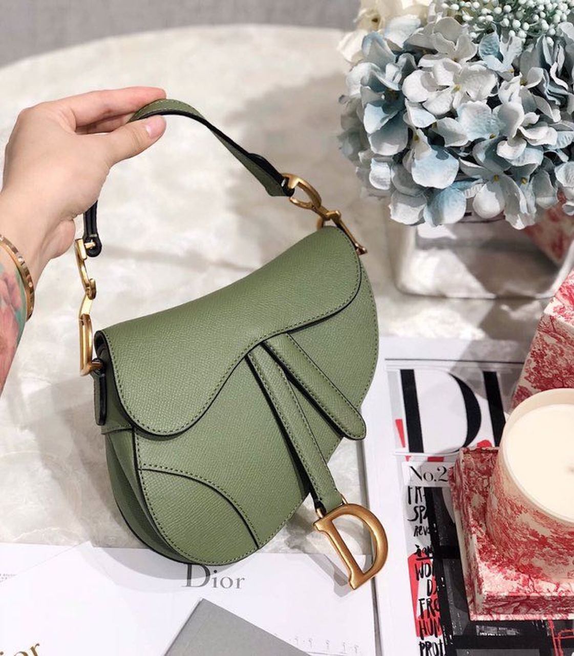 Christian Dior Saddle Bag Cedar Green Grained Canvas Spring For Women 20cm/8in CD - Soul Replicas