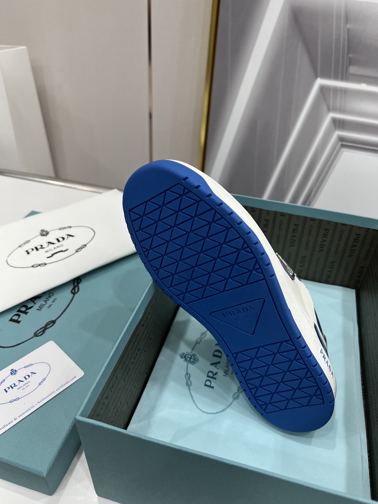 Prada Downtown Perforated Sneakers Blue/White For Women 1.2in/30mm Prada 2EE364_3LKG_F098Z - Soul Replicas