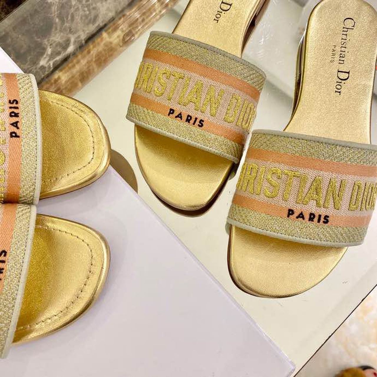 Christian Dior Dway Slide Embroidered Cotton Gold For Women CD - Soul Replicas