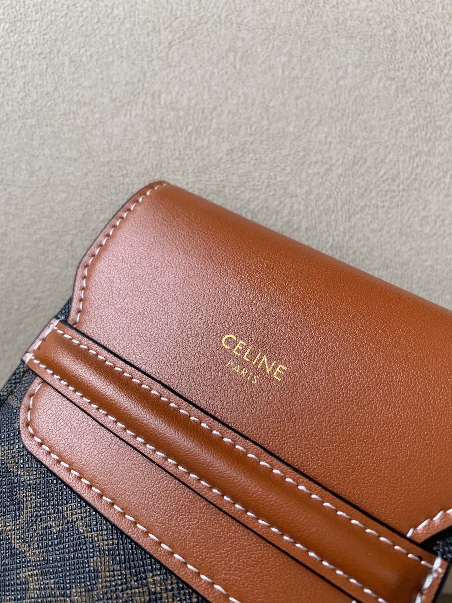 Celine Phone Pouch With Flap In Triomphe Canvas And Lambskin Tan For Women 7in/18cm 10G332CQD.04LU - Soul Replicas