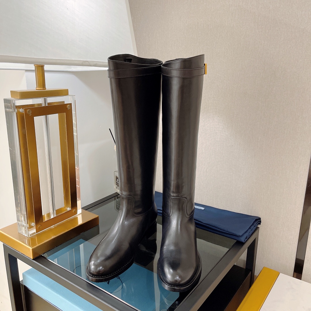 Prada 30 Logo-Embossed Knee Boots Black For Women Prada  - Soul Replicas