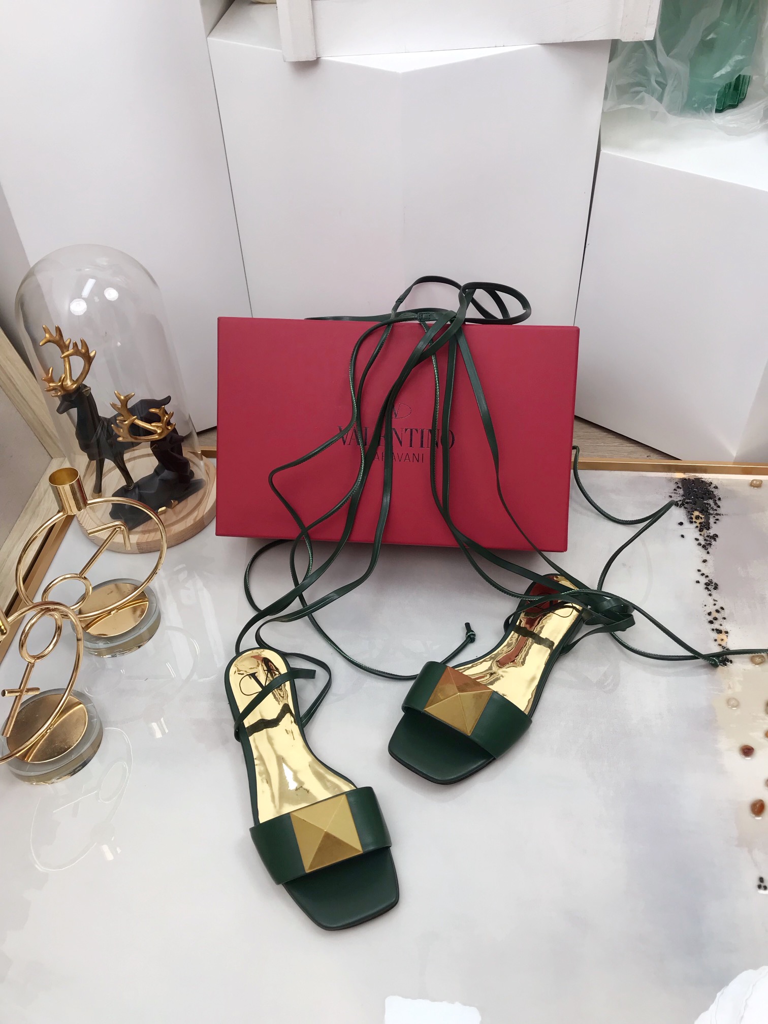 Valentino Garavani One Stud Gladiator Flat Sandals Dark Green For Women WS0EK9CYI - Soul Replicas