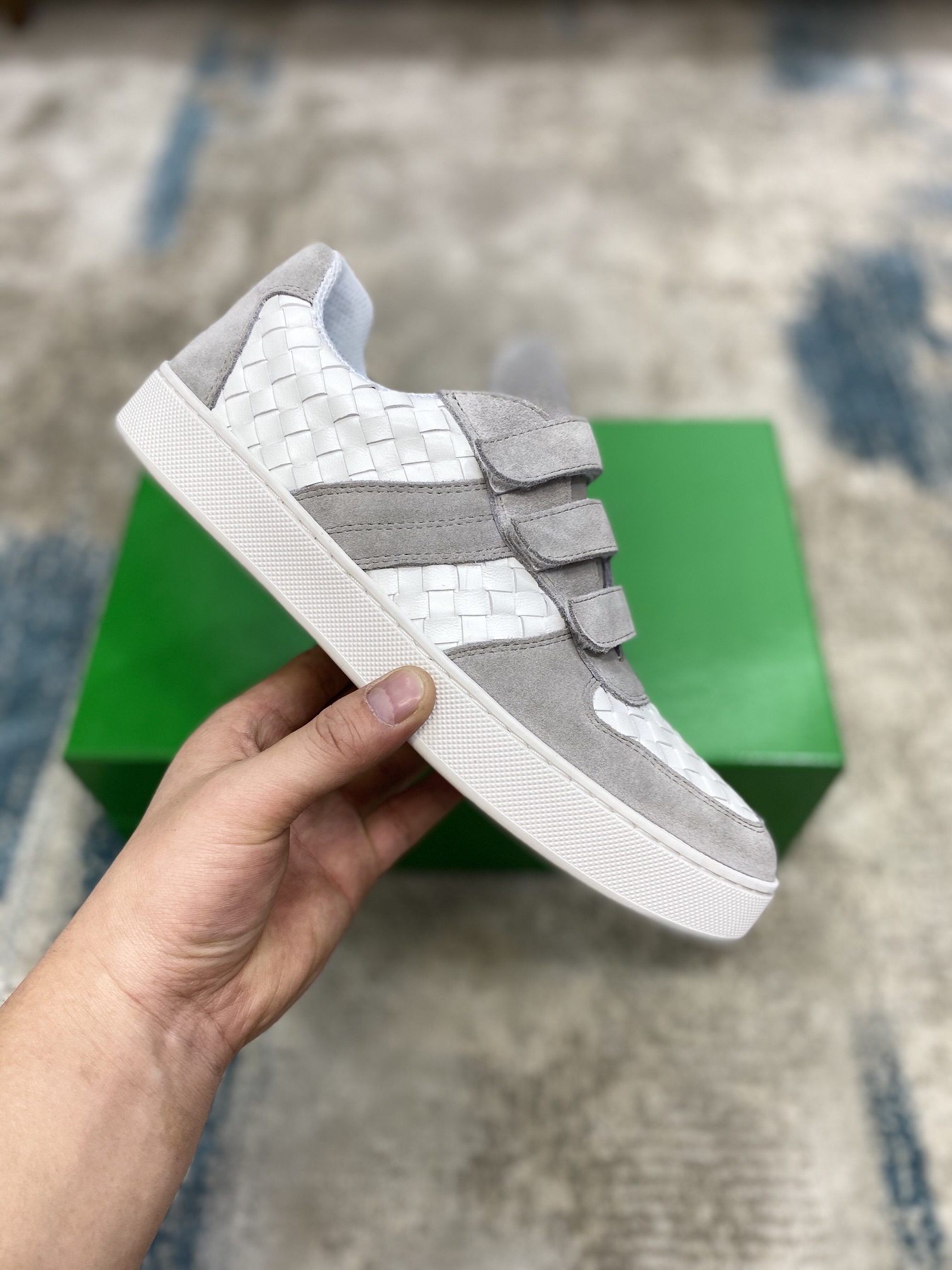 Bottega Veneta Men's Three Closure Straps With Wave Line Sneakers White And Gray For Men - Soul Replicas