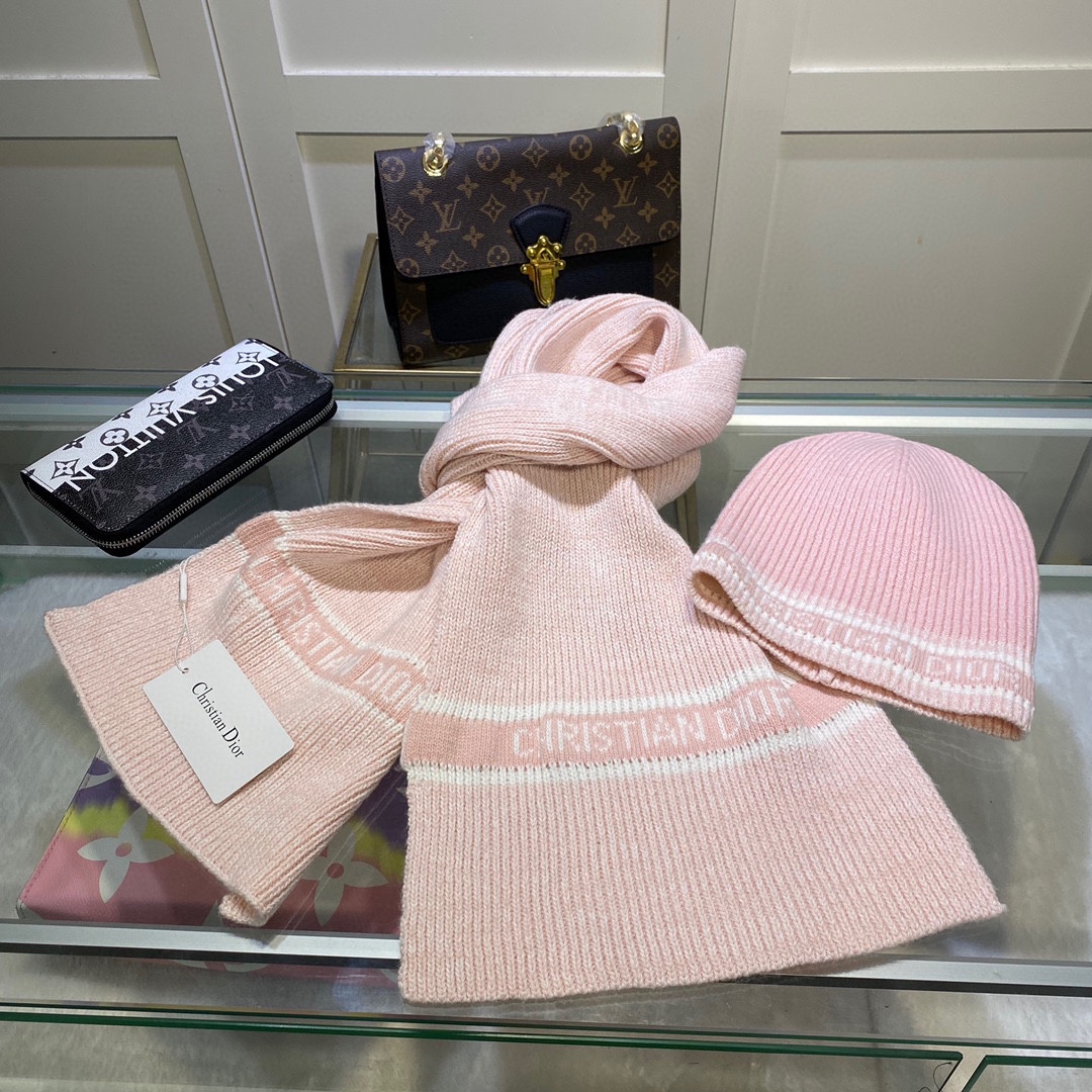 Dior Pompom Beanie & Scarf Set In Pink - Soul Replicas