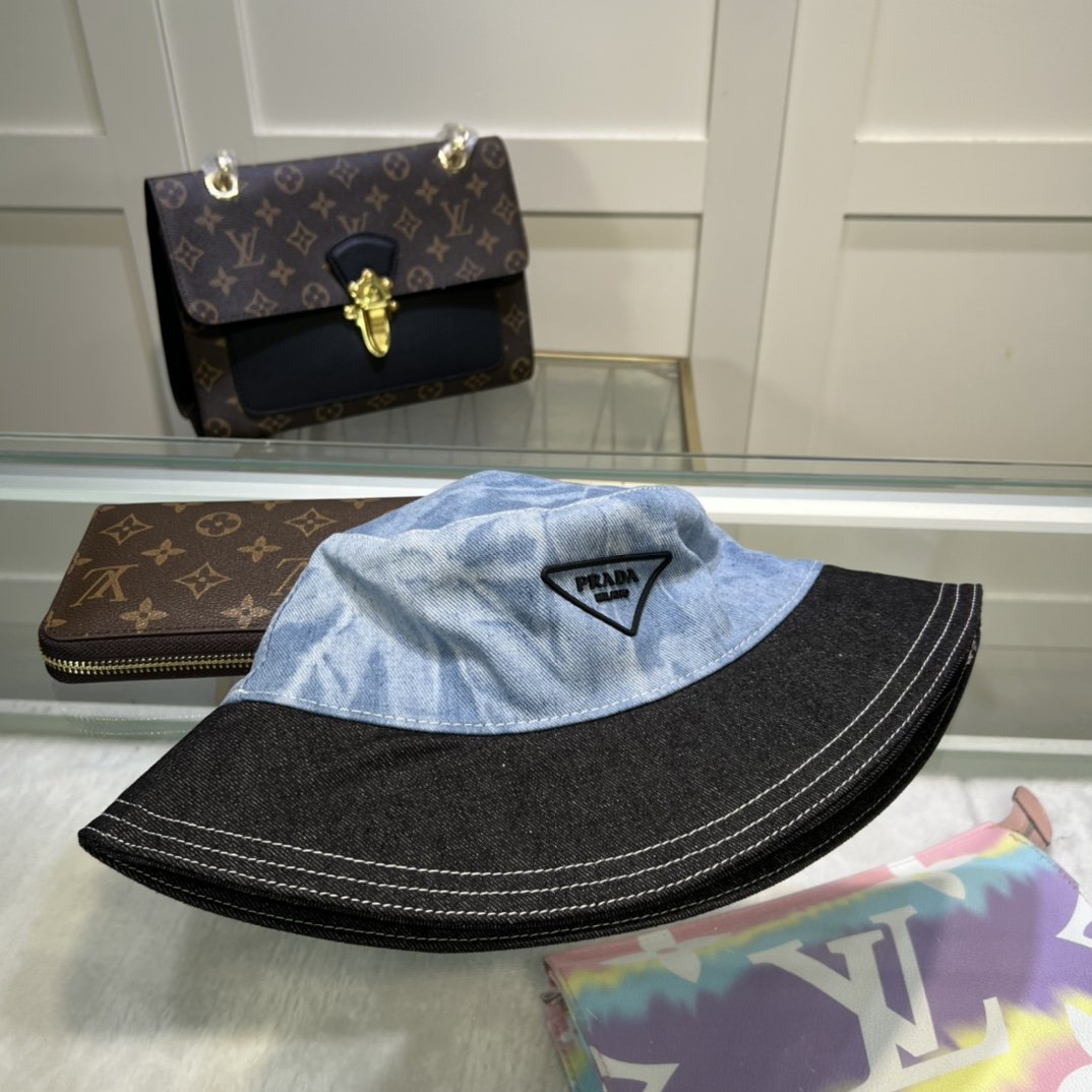 Prada Re-Nylon Bucket Hat Black/Light Blue Prada Hat - Soul Replicas