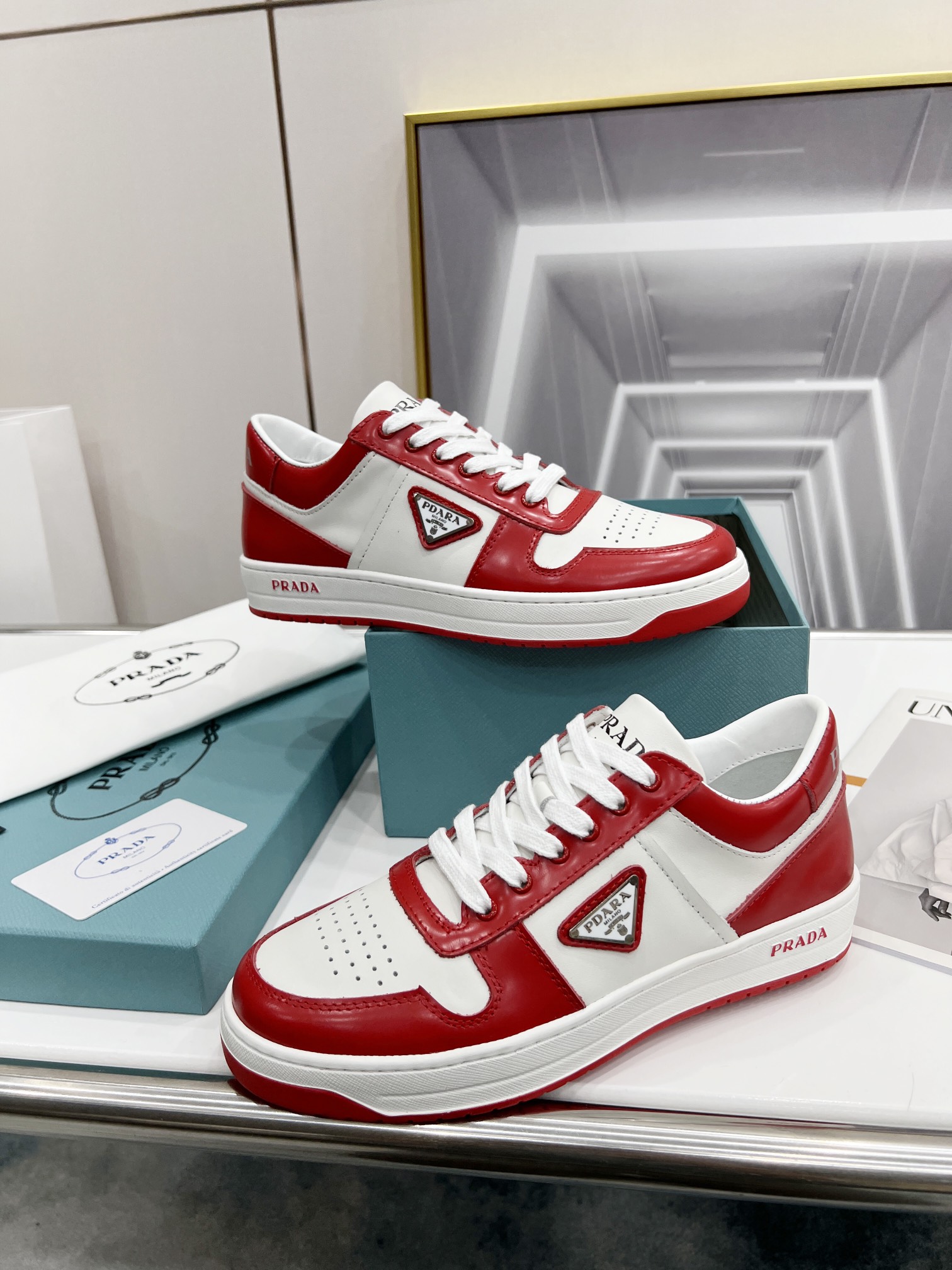 Prada Downtown Perforated Sneakers Red/White For Women 1.2in/30mm Prada 2EE364_3LKG_F0O3N - Soul Replicas