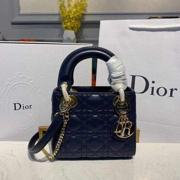 Christian Dior Mini Lady Dior Bag with Chain Gold Toned Hardware Navy Blue For Women 6.5in/17cm CD - Soul Replicas
