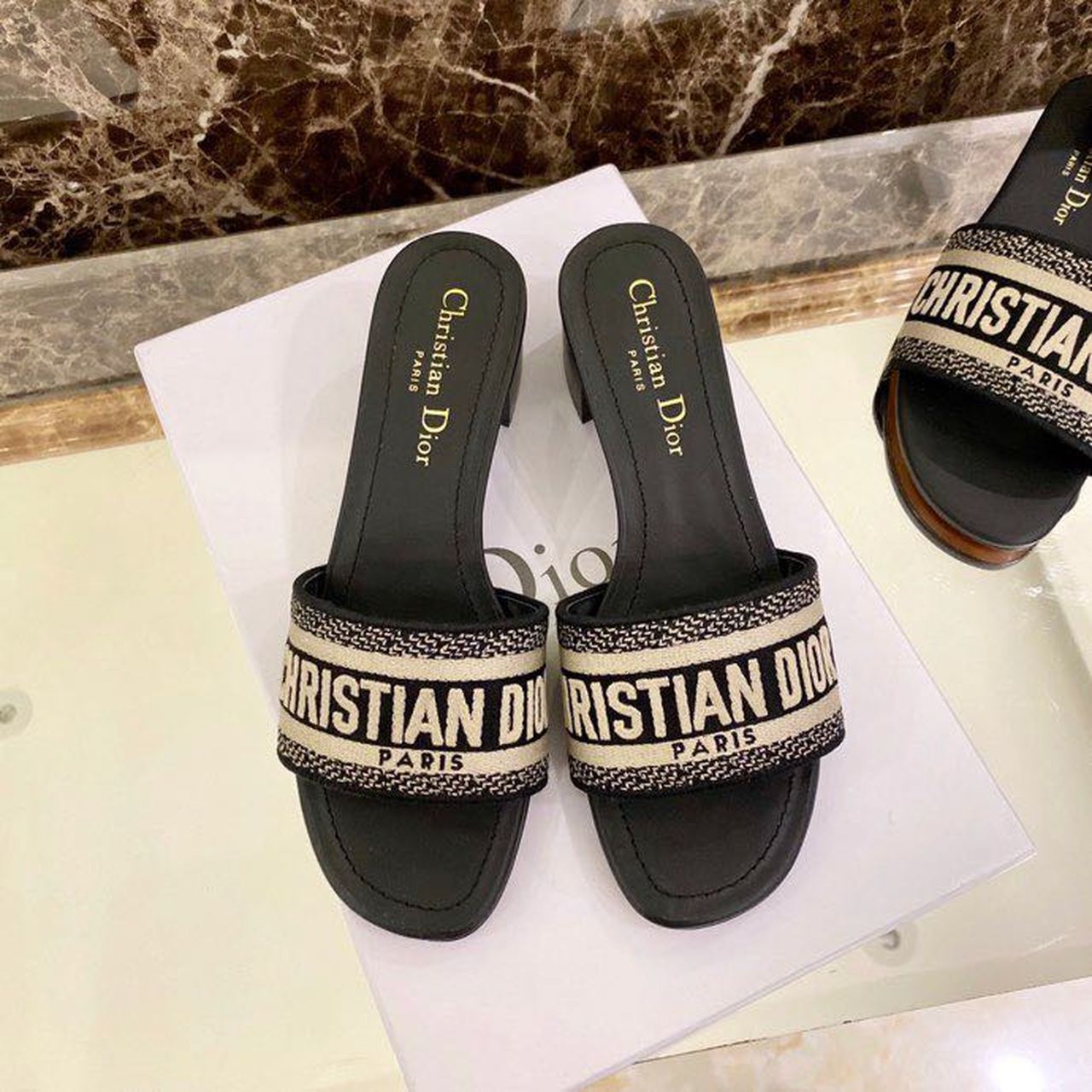 Christian Dior Dway Heeled Slide Deep Blue Embroidered Cotton Deep Blue For Women CD KCQ244ERC_S56B - Soul Replicas