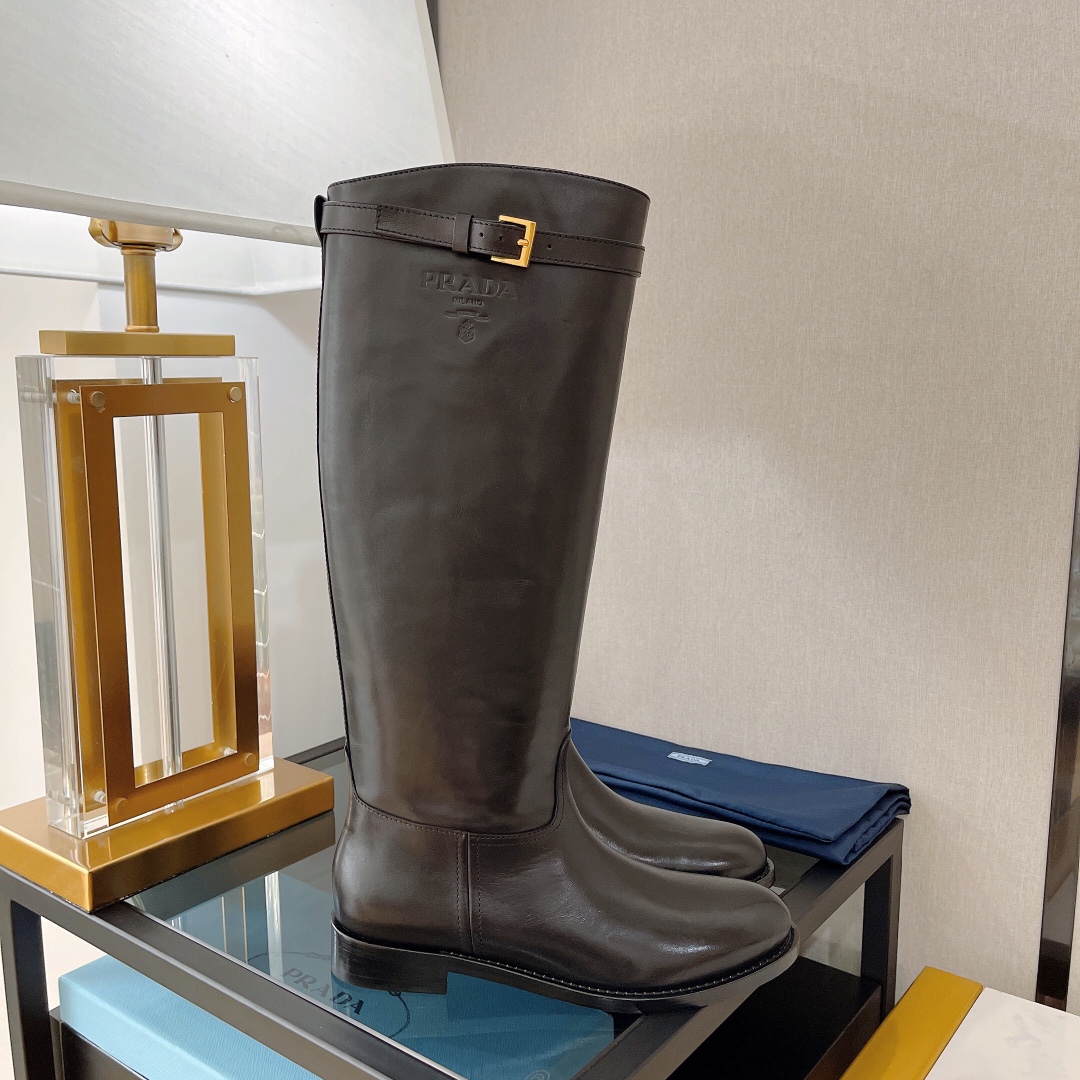 Prada 30 Logo-Embossed Knee Boots Black For Women Prada  - Soul Replicas