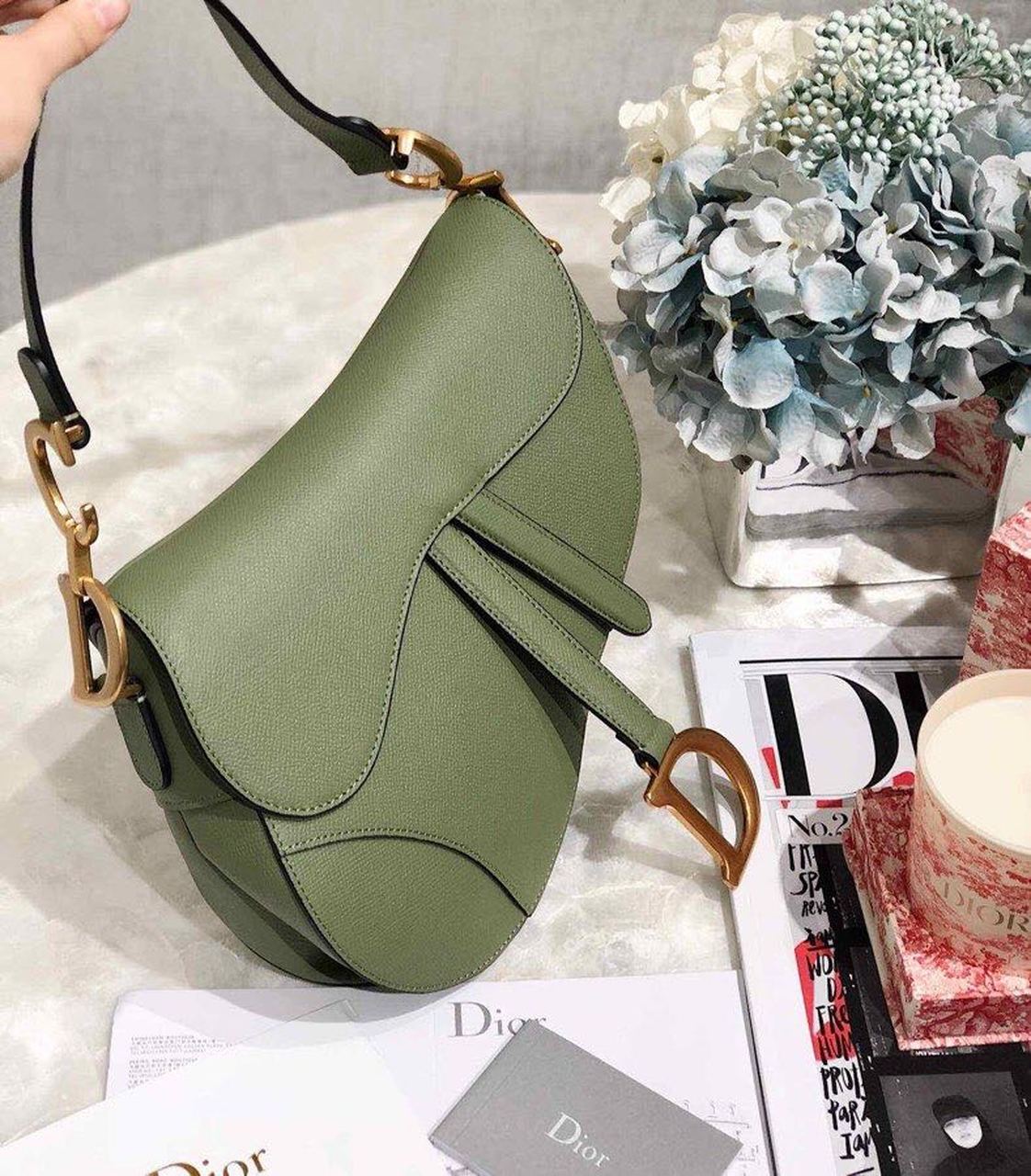 Christian Dior Cedar Green Grained Saddle Bag Gold Toned Hardware Canvas For Women 25cm/10in CD M0446CBAA_M67H - Soul Replicas