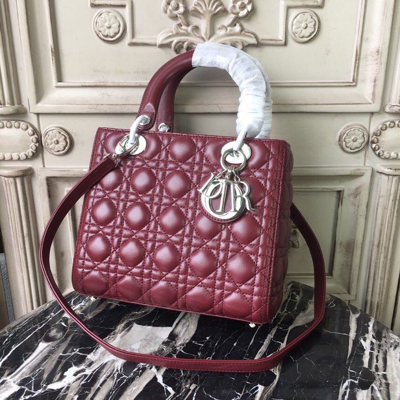 Christian Dior Medium Lady Dior Bag Silver Hardware Burgundy For Women 9.5in/24cm CD - Soul Replicas