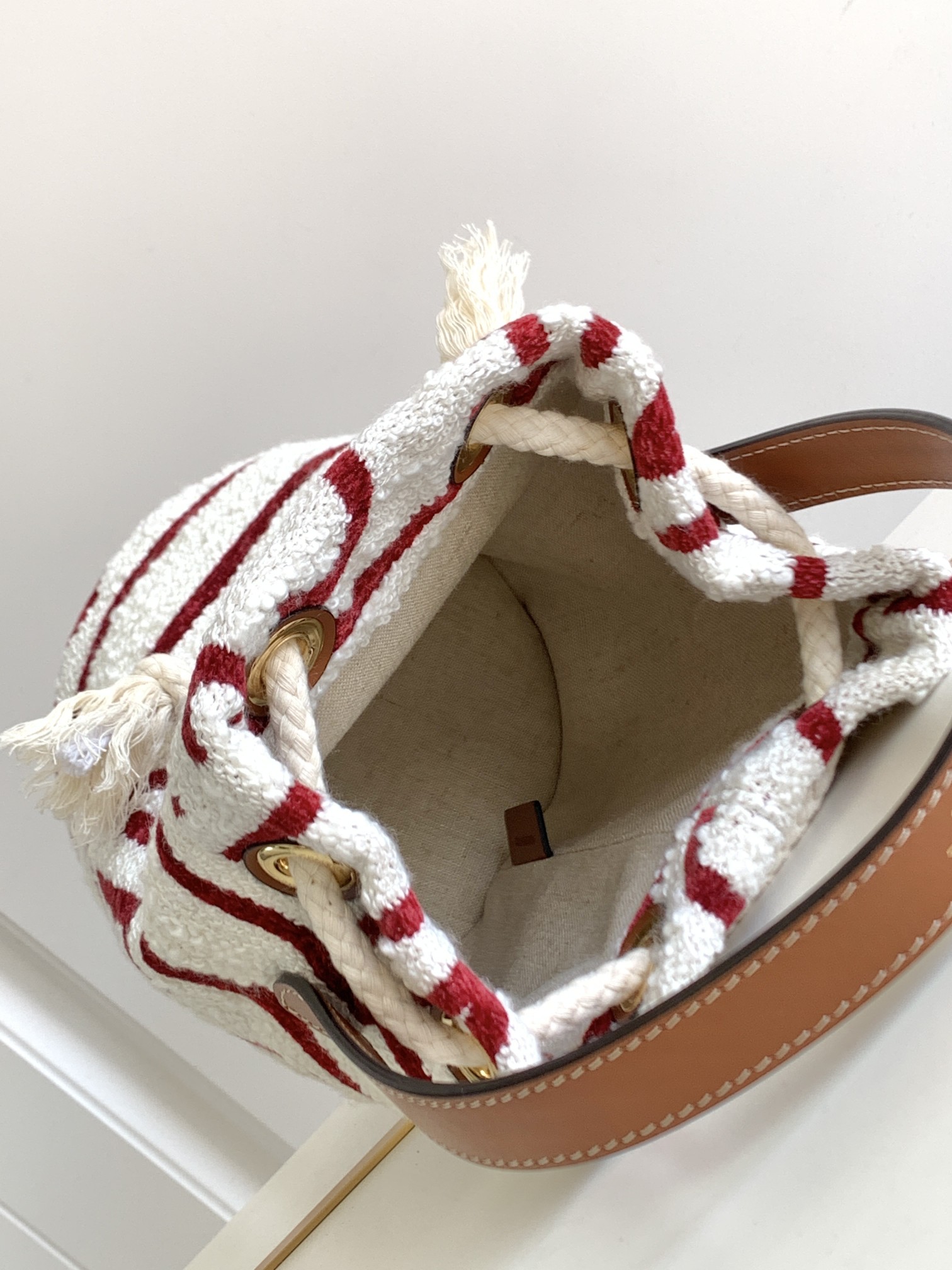 Celine Teen Drawstring In Textile With Celine All-Over White/Red For Women 7in/19cm - Soul Replicas