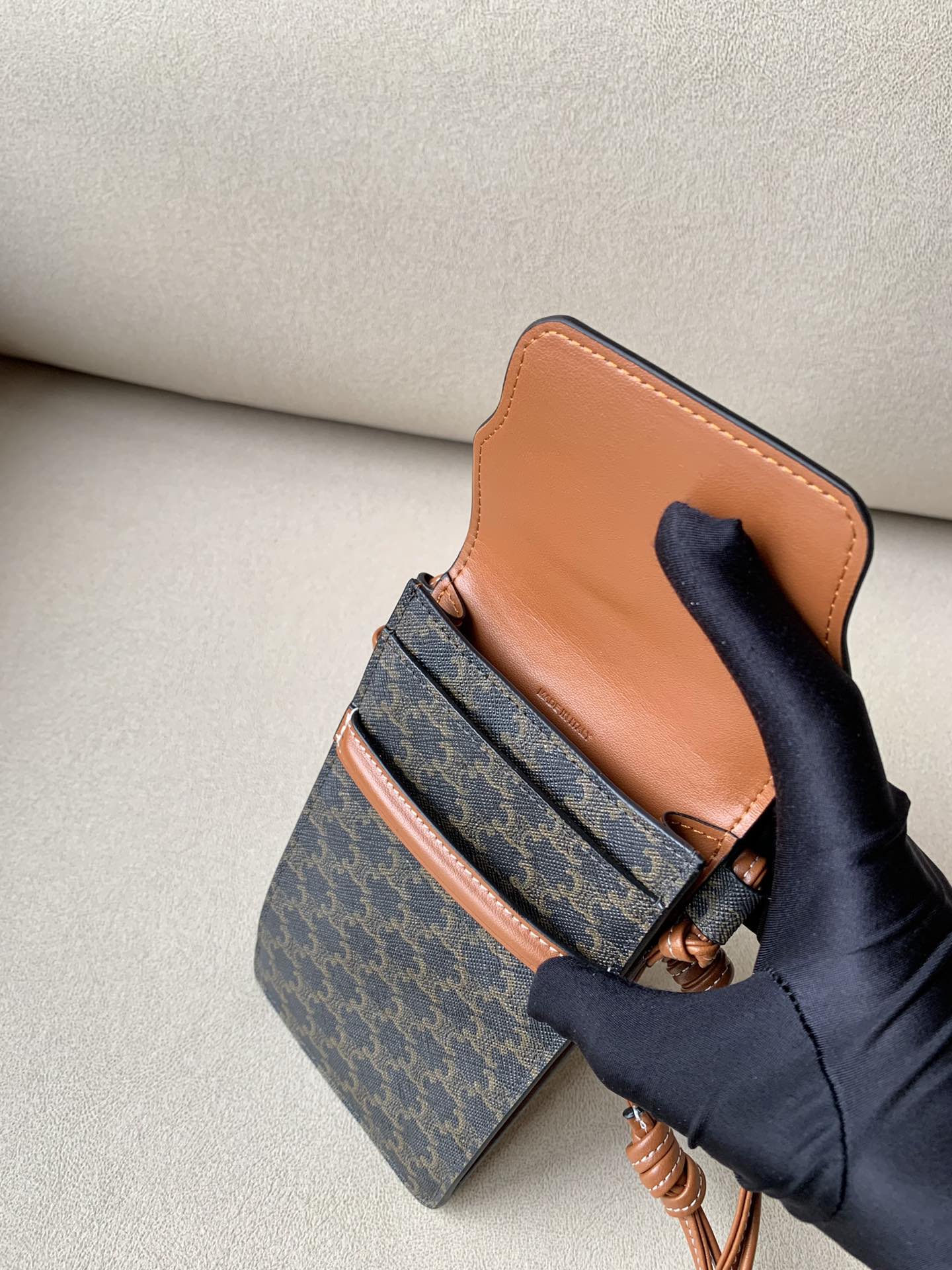 Celine Phone Pouch With Flap In Triomphe Canvas And Lambskin Tan For Women 7in/18cm 10G332CQD.04LU - Soul Replicas