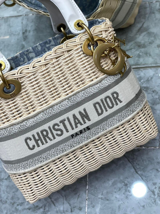 Christian Dior Medium Lady Natural Wicker and Blue Dior Oblique Jacquard Dior Bag. Blue. For Women Women's Handbags. 24cm CD M0565CMVO_M808 - Soul Replicas