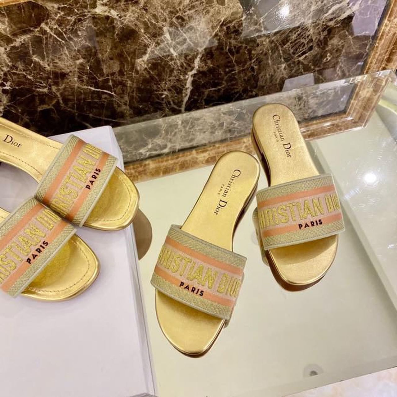 Christian Dior Dway Slide Embroidered Cotton Gold For Women CD - Soul Replicas