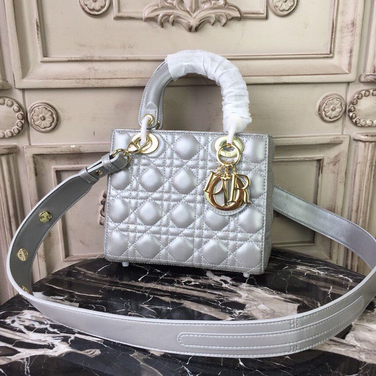 Christian Dior Small Lady Dior Bag Gold Toned Hardware Pearl Silver White For Women 8in/20cm CD - Soul Replicas