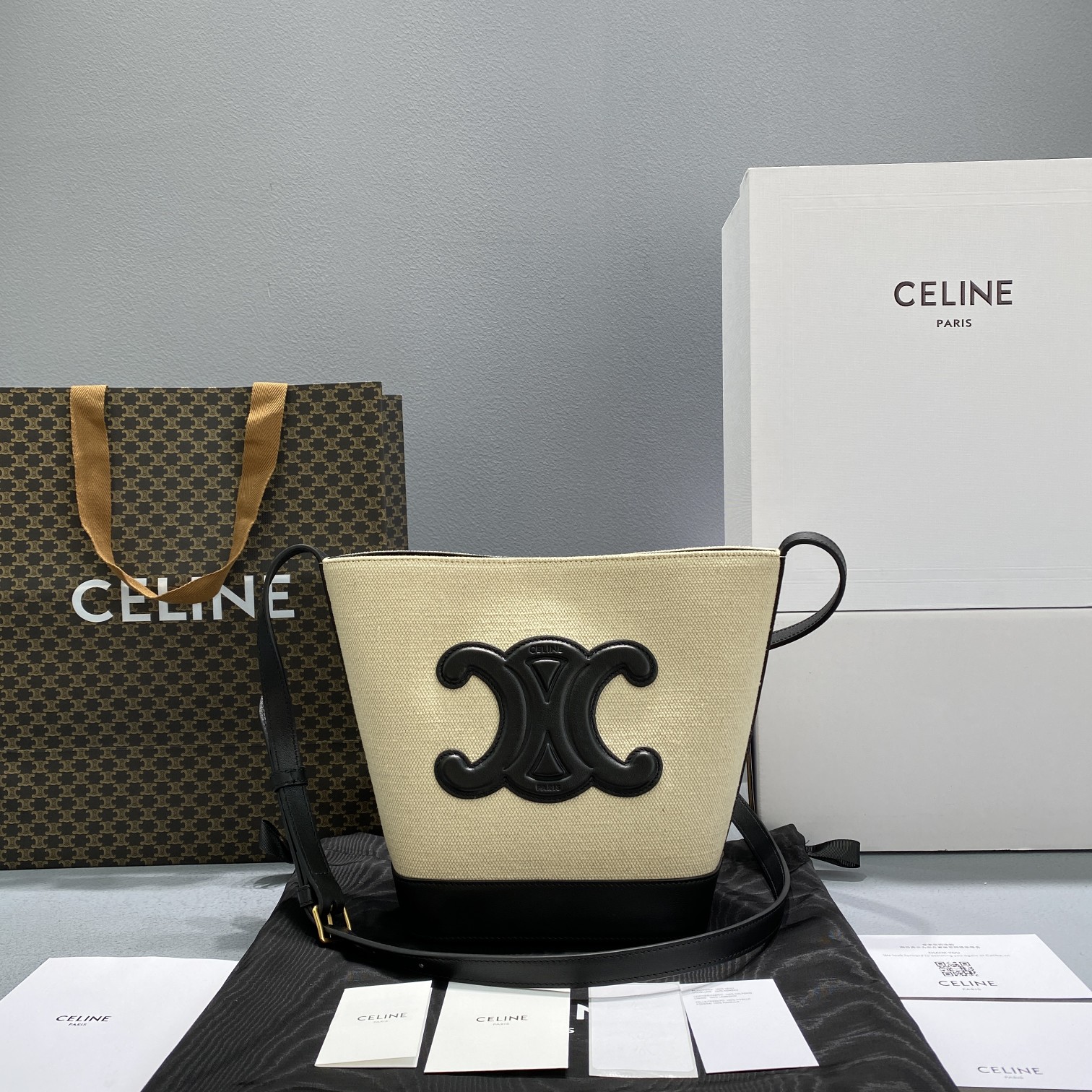 Celine Small Bucket Cuir Triomphe In Textile Beige/Black For Women 9in/22cm - Soul Replicas