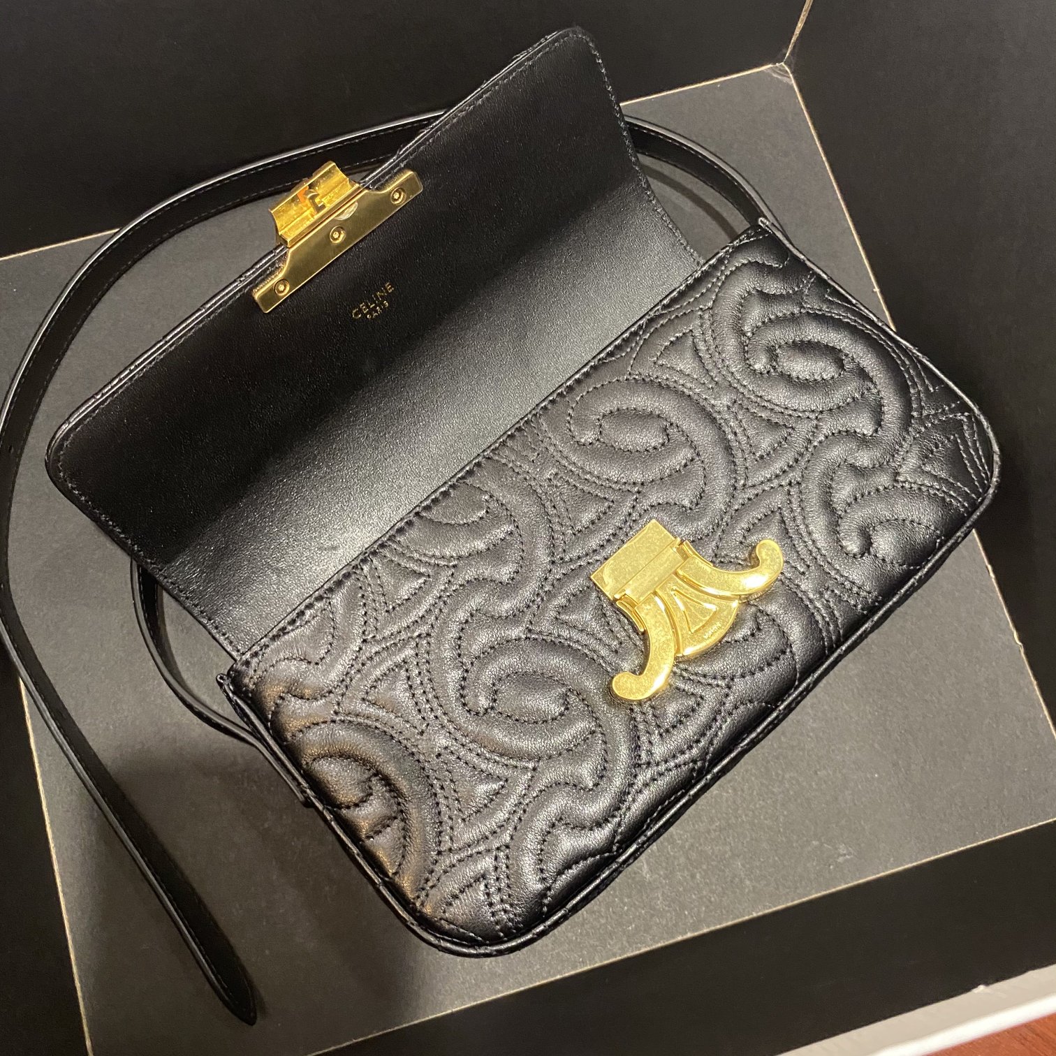 Celine Triomphe Shoulder Bag In Quilted Triomphe Lambskin Black For Women 8in/20cm 194143EF4.38NO - Soul Replicas