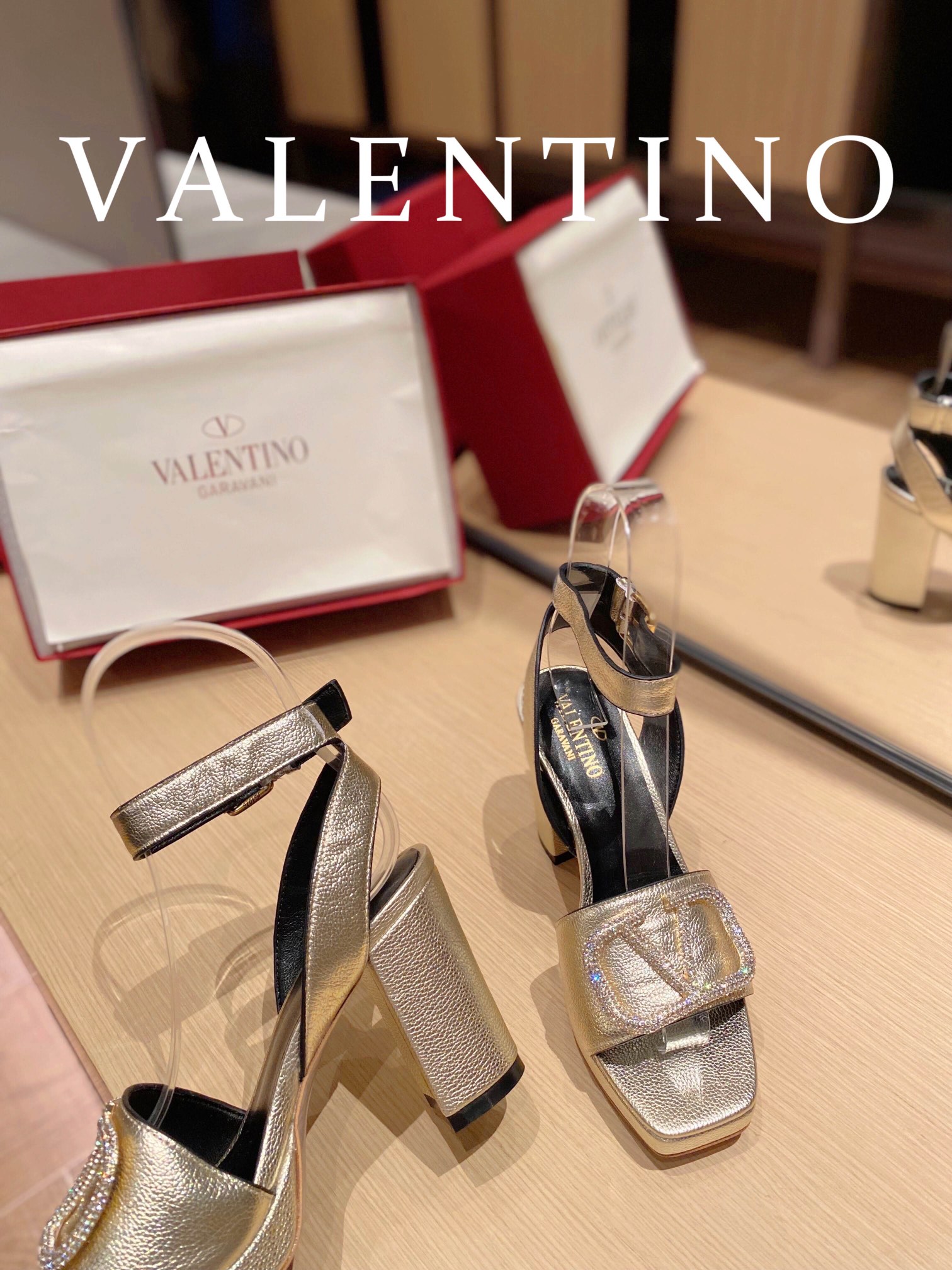 Valentino Garavani Strap Heeled Sandals With V Logo Crystal Embellishment Gold For Women - Soul Replicas