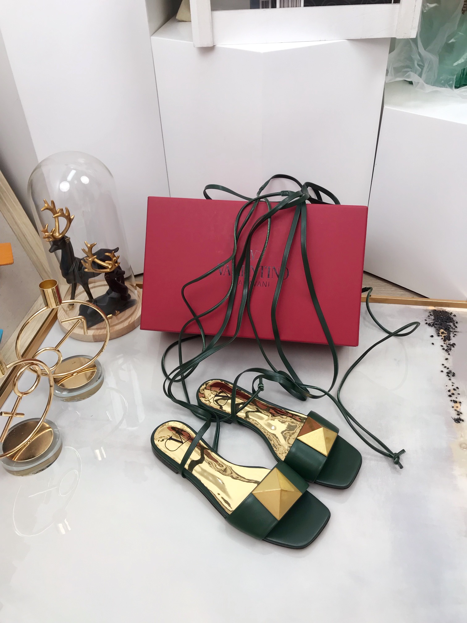 Valentino Garavani One Stud Gladiator Flat Sandals Dark Green For Women WS0EK9CYI - Soul Replicas