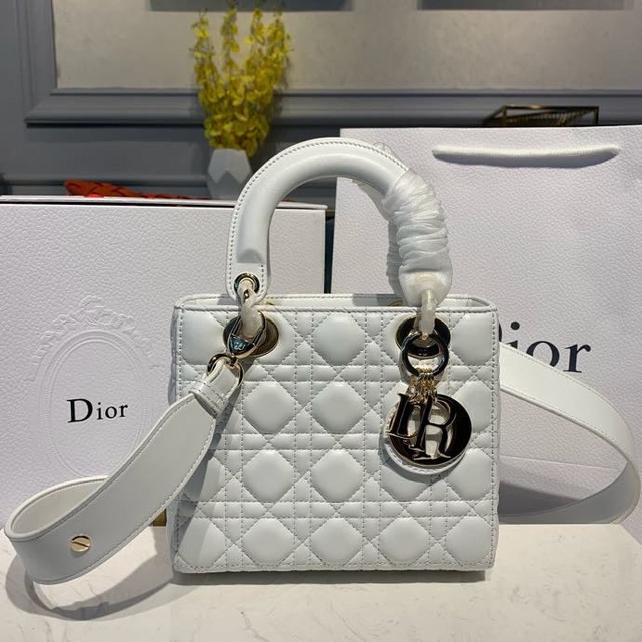 Christian Dior Small Lady Dior Bag Gold Toned Hardware White For Women 8in/20cm CD - Soul Replicas