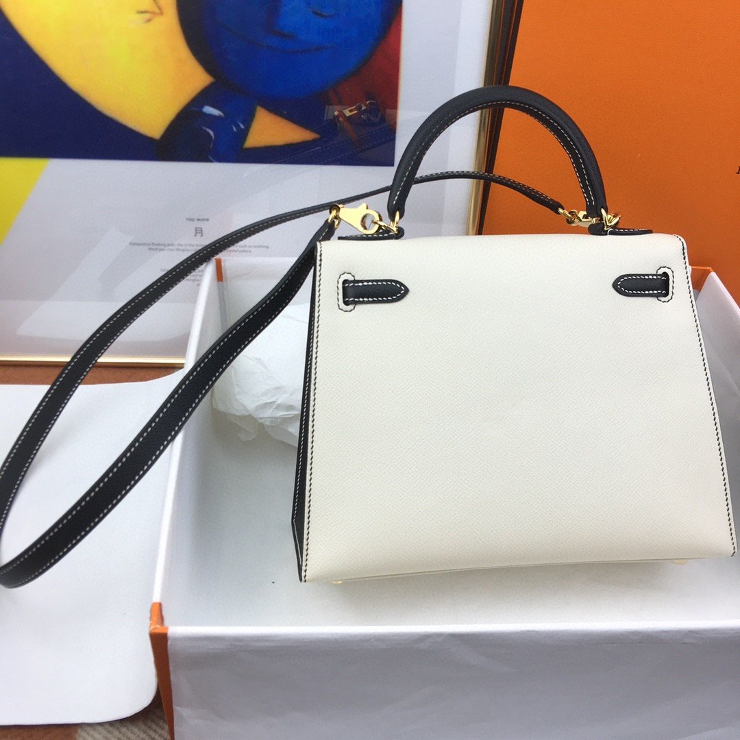 Hermes Kelly 25 Sellier Epsom White/Black Bag For Women. Women-s Handbags. Shoulder Bags 10in/25cm - Soul Replicas