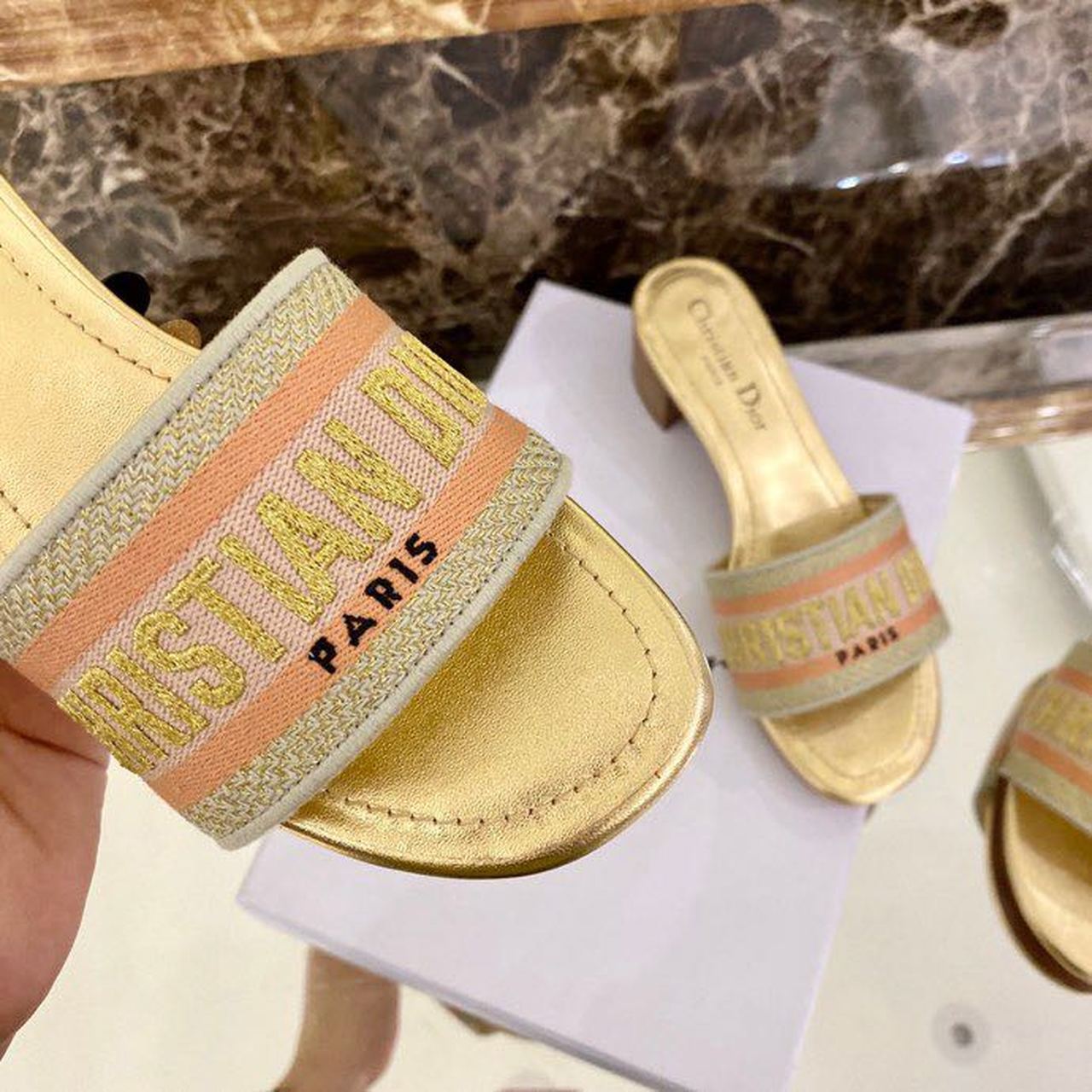 Christian Dior Dway Heeled Slide Gold-Tone Cotton Embroidered With Metallic Thread And Strass Gold For Women CD - Soul Replicas